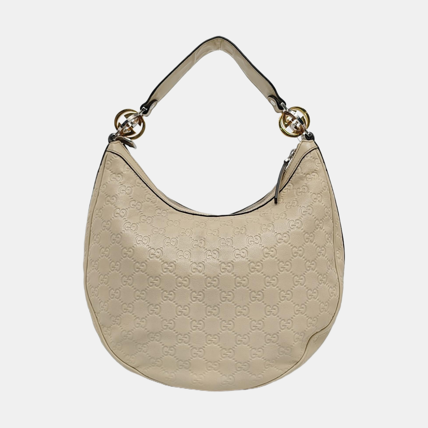 GUCCI Beige Cowhide Monogrammed Tote Handbag Single Shoulder Bag Golden hardware-(SKU)-959591778