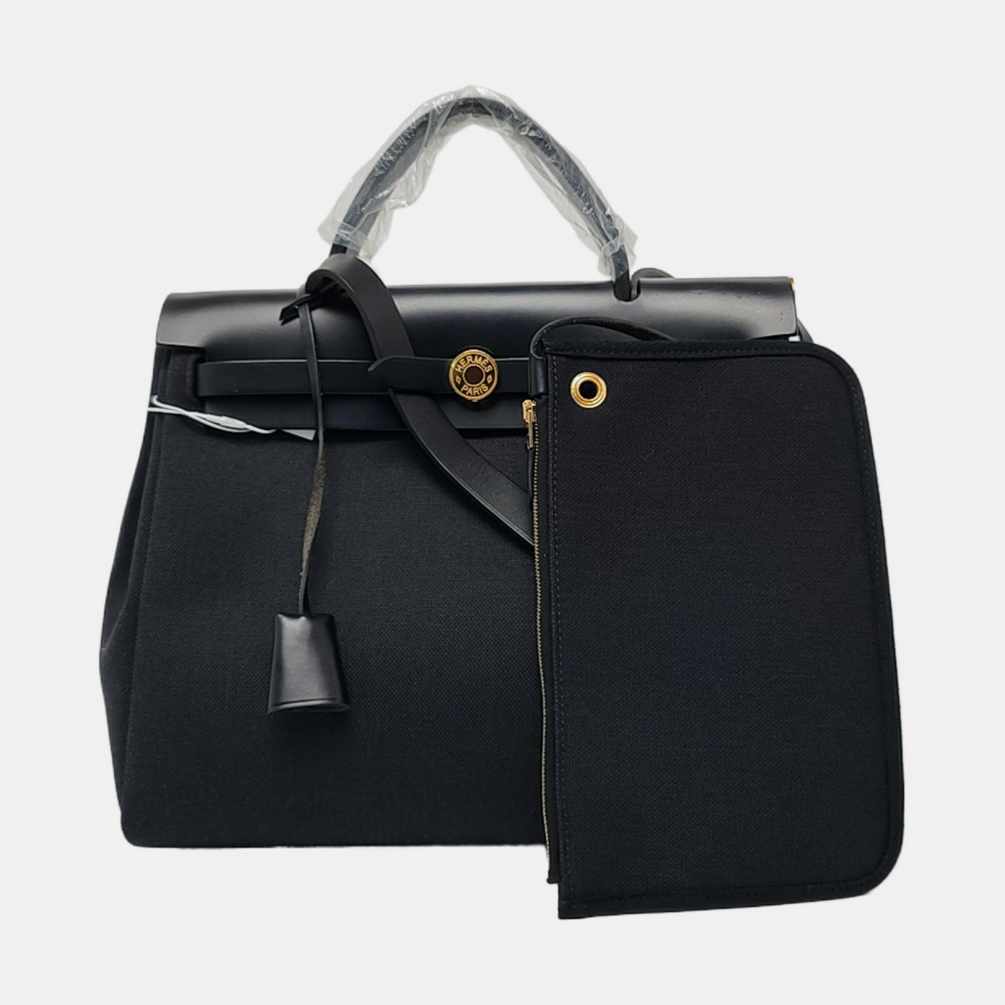 HERMÈS Herbag 31 Black Canvas Crossbody Shoulder Bag with Gold Hardware, Y, Detachable Strap with Pouch-(SKU)-959733479