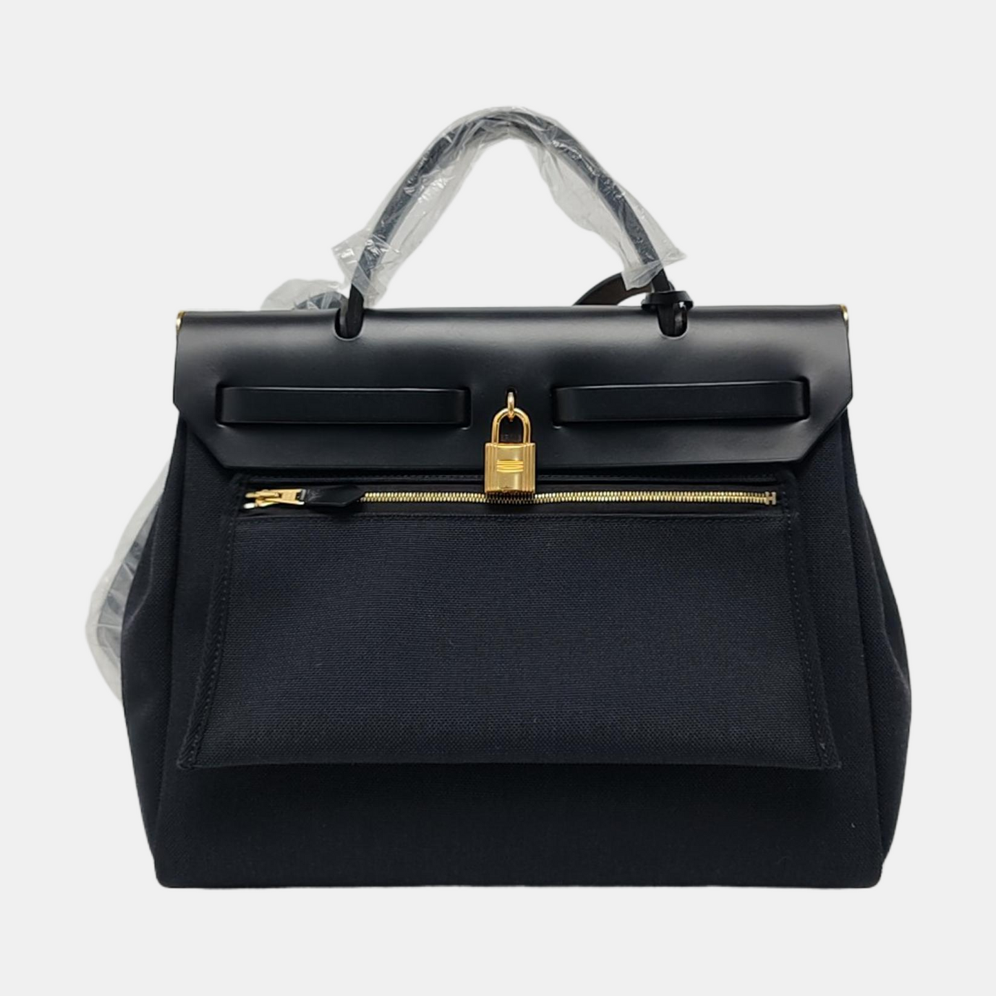 HERMÈS Herbag 31 Black Canvas Crossbody Shoulder Bag with Gold Hardware, Y, Detachable Strap with Pouch-(SKU)-959733479