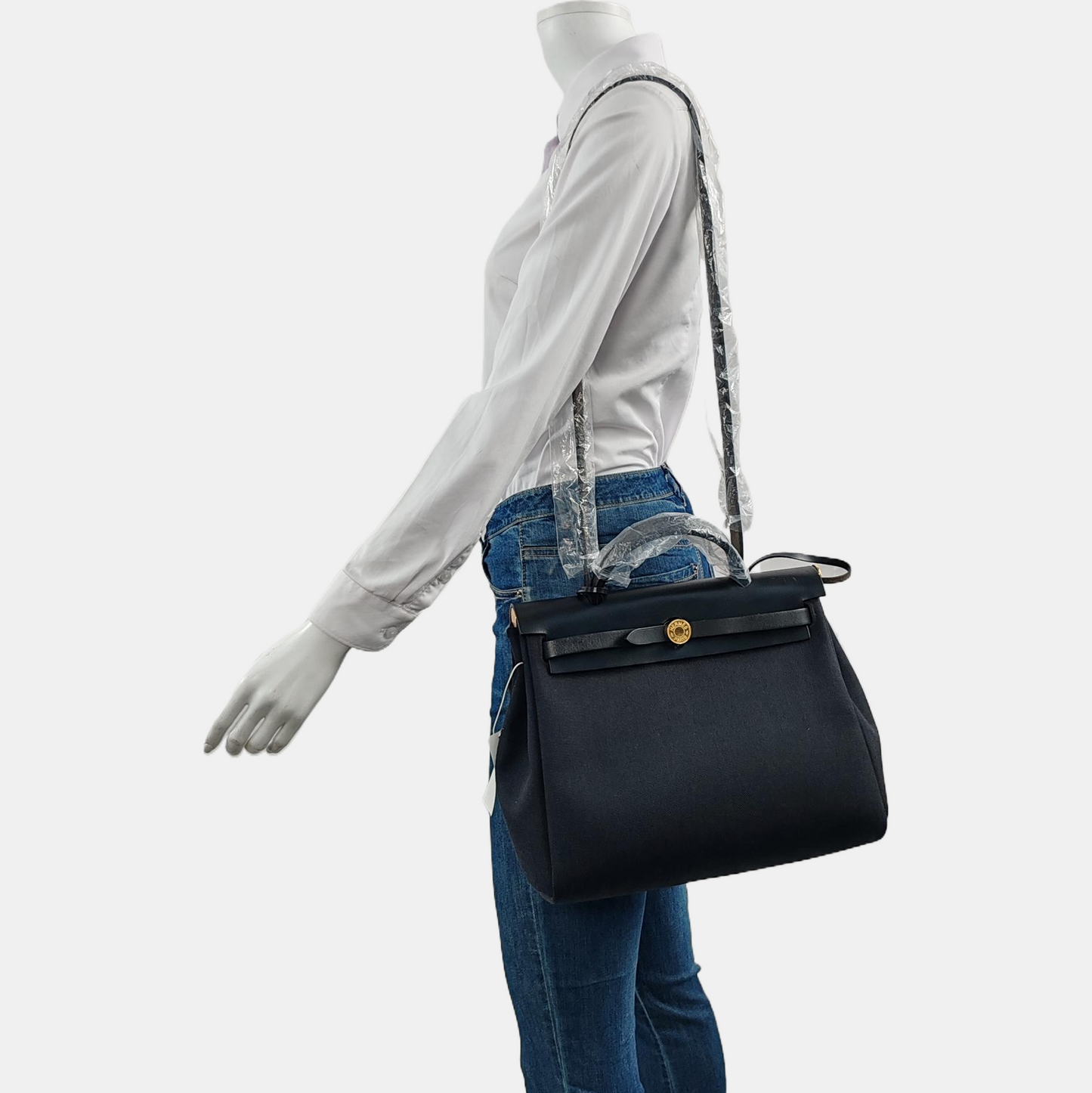 HERMÈS Herbag 31 Black Canvas Crossbody Shoulder Bag with Gold Hardware, Y, Detachable Strap with Pouch-(SKU)-959733479