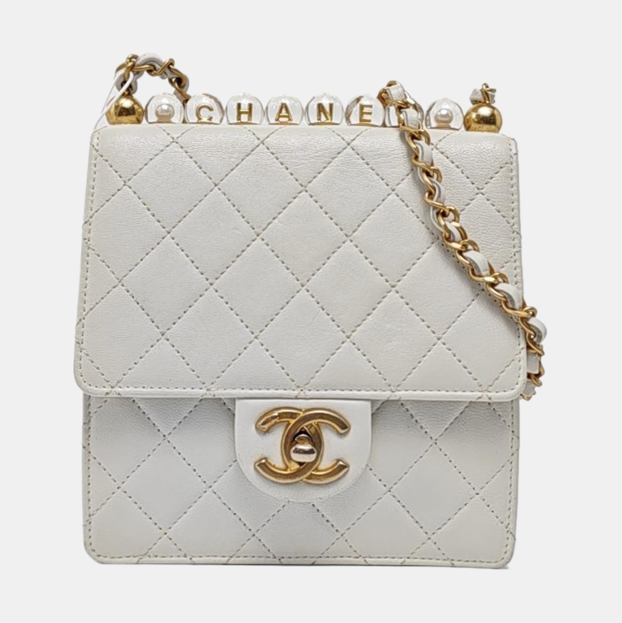 CHANEL CLASSIC FLAP White Lamb Calfskin Quilted Handbag Single Shoulder Bag Gold Hardware 30 Clasp-(SKU)-959631045