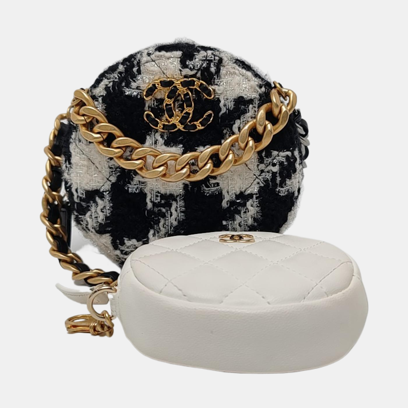 CHANEL CHANEL 19 Black Tweed Quilted Shoulder Bag with Shoulder Strap, Gold and Silver Palladium Hardware, 28 Flap, Pockets-(SKU)-959630363