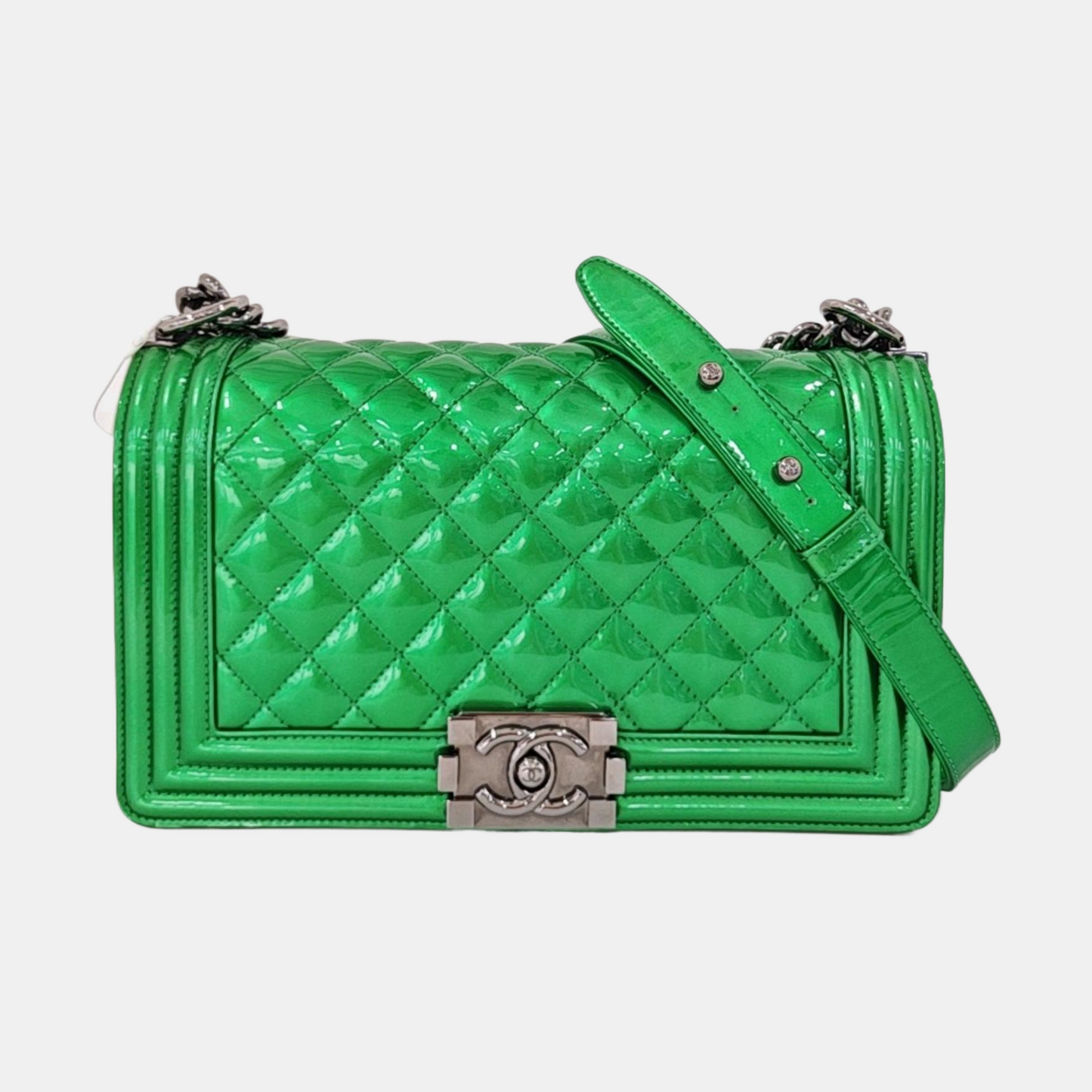 CHANEL BOY CHANEL Medium Green Patent Leather Quilted Shoulder Bag Crossbody Bag with Detachable Strap-(SKU)-959630688