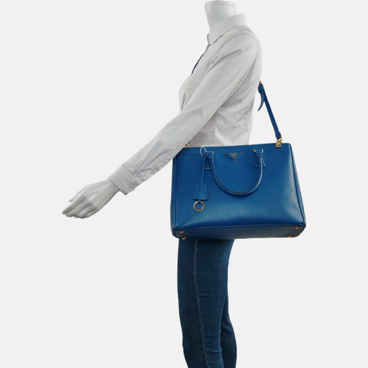 PRADA Galleria Large size Dark Blue Cowhide Logo Crosshatch Killer Bag Single Shoulder Bag Golden hardware Removable shoulder strap-(SKU)-959580601