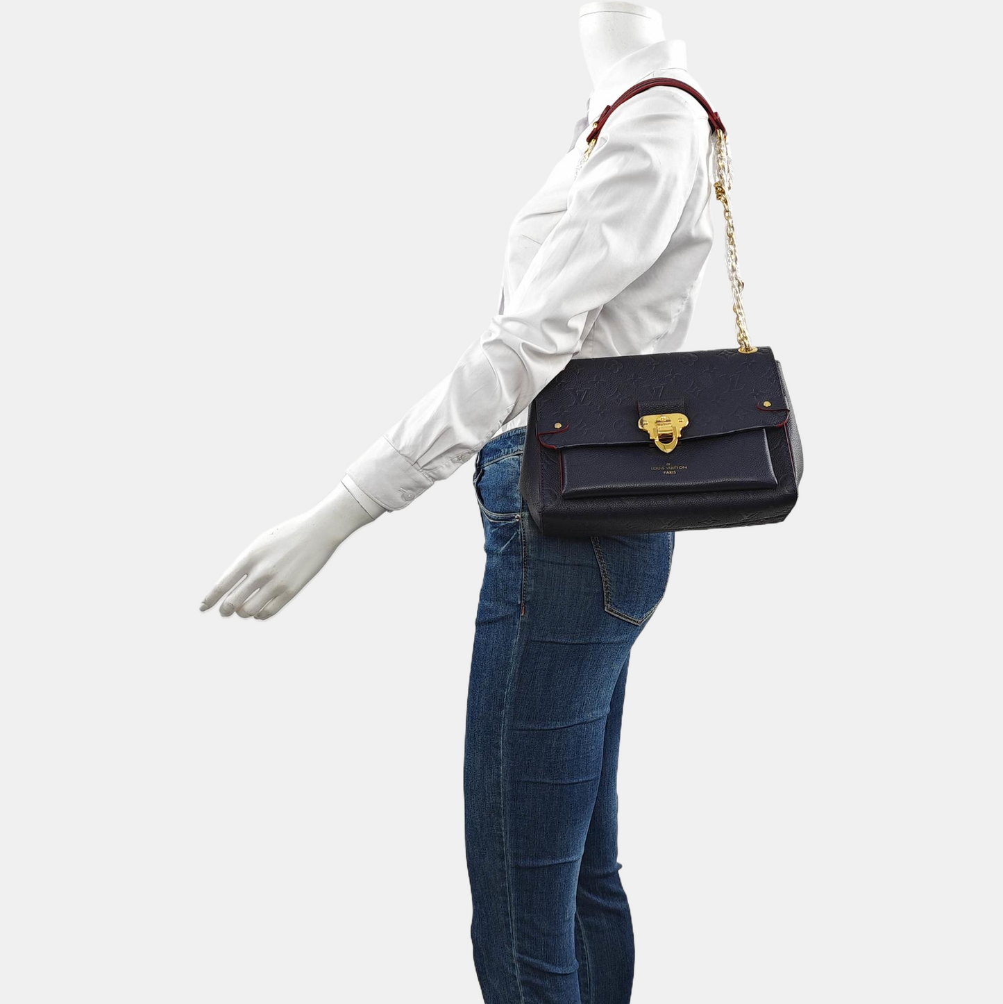 LOUIS VUITTON VAVIN Small Deep Blue Leather Monogram Embossed Single Shoulder Bag Tote Bag Golden Hardware-(SKU)-959801677