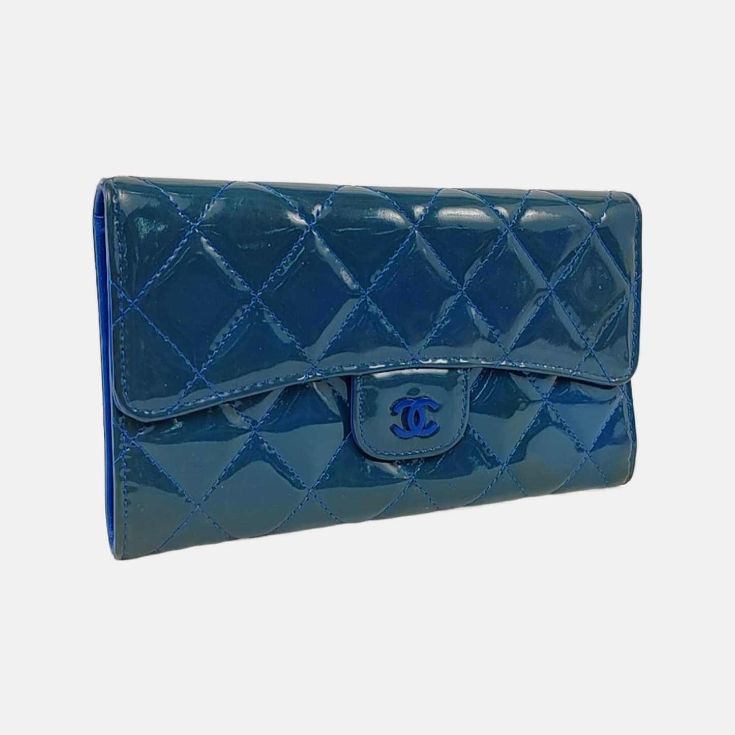 CHANEL CLASSIC FLAP Blue patent leather diamond-pattern wallet Silver and Blue Hardware 16nan-(SKU)-949495187