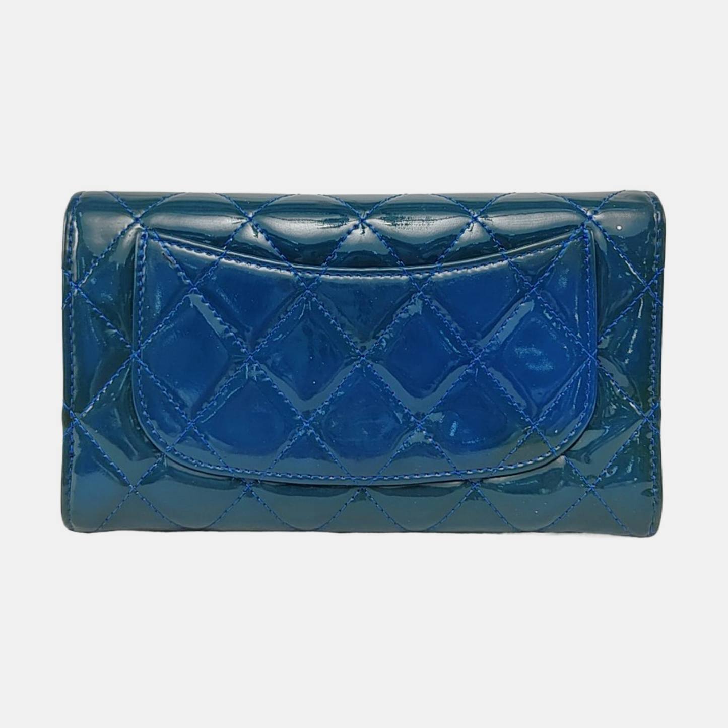 CHANEL CLASSIC FLAP Blue patent leather diamond-pattern wallet Silver and Blue Hardware 16nan-(SKU)-949495187