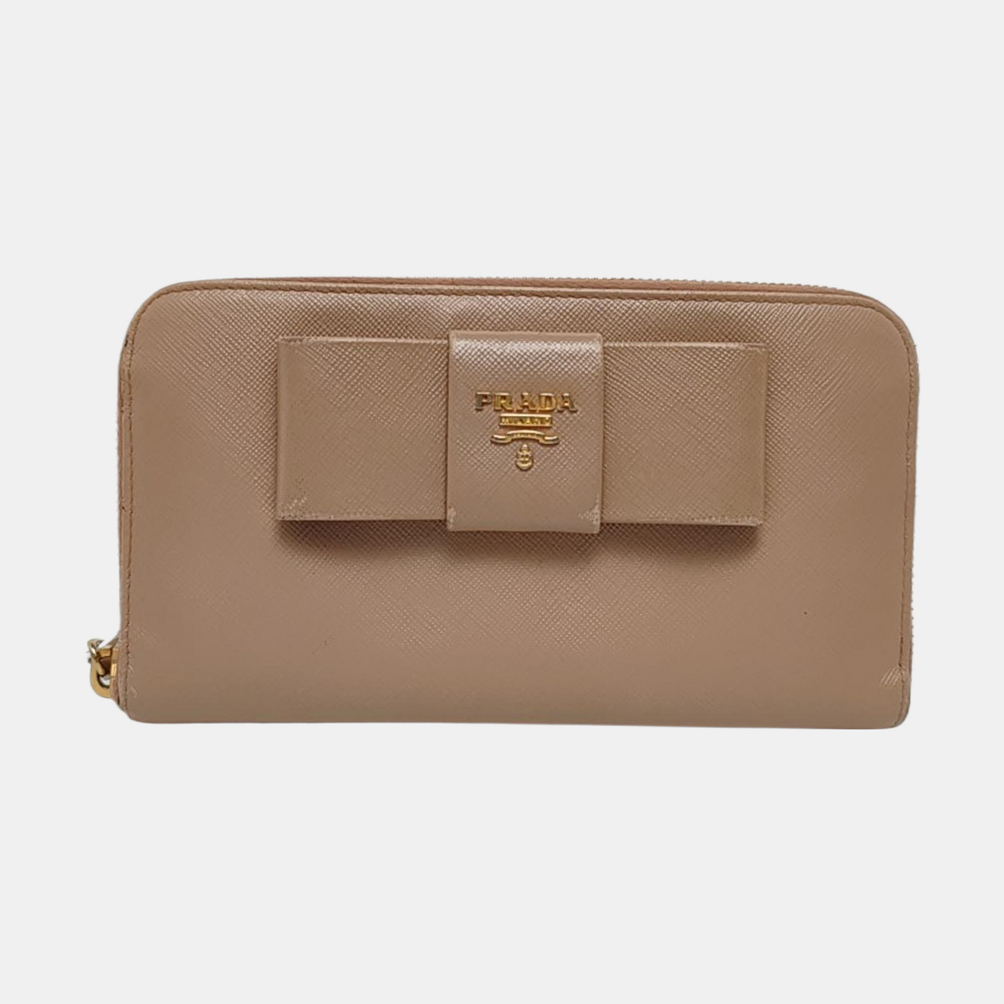 PRADA Fiocco Bow Nude Pink Cowhide Crosshatch Wallet Golden hardware-(SKU)-959793170