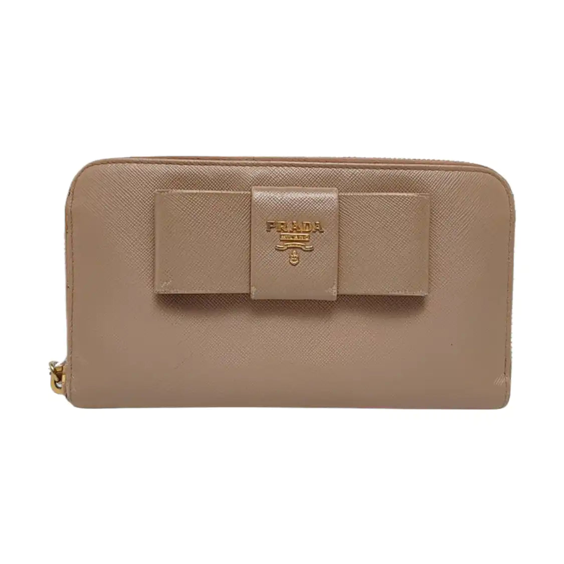 PRADA Fiocco Bow Nude Pink Cowhide Crosshatch Wallet Golden hardware-(SKU)-959793170