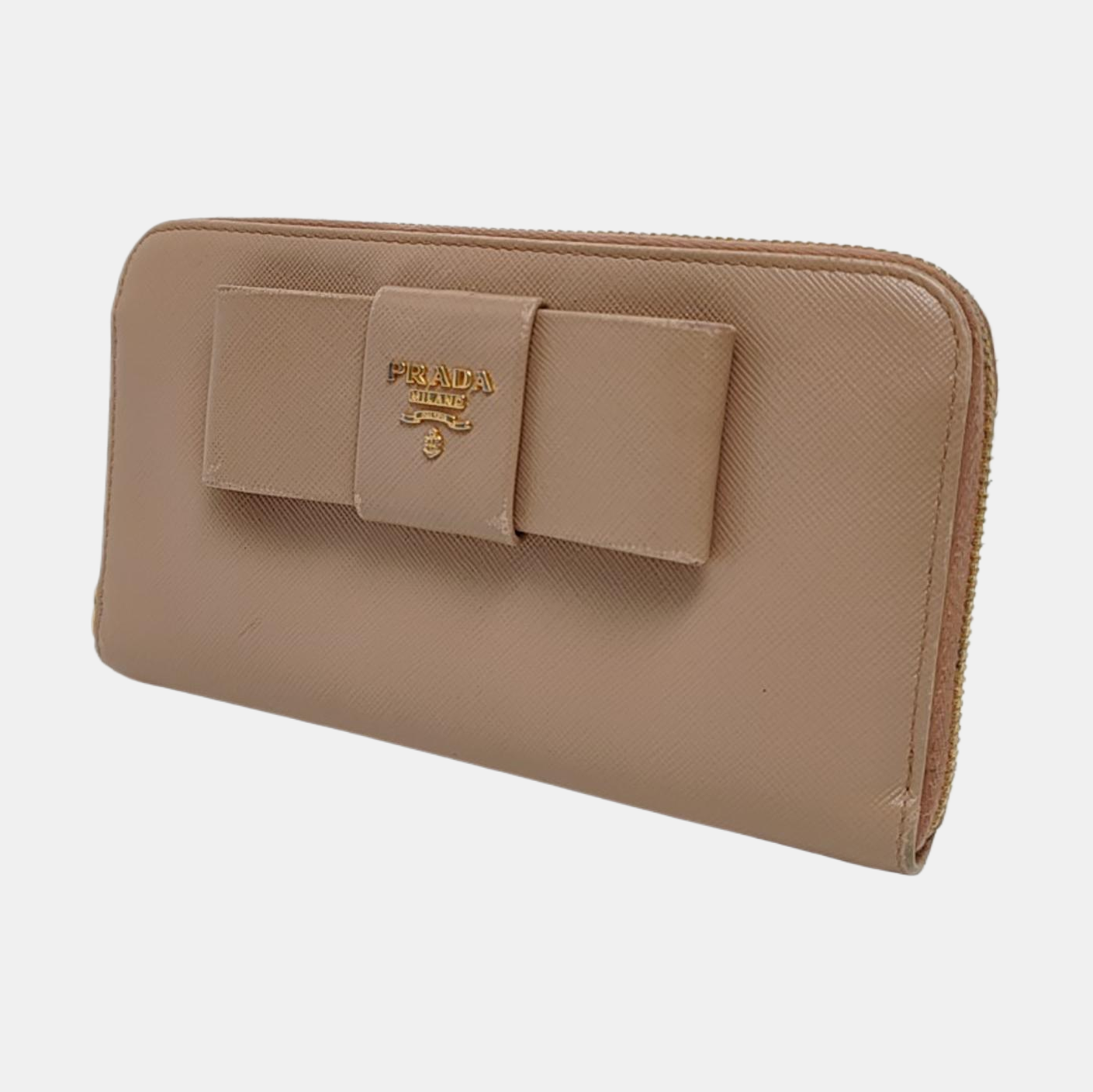 PRADA Fiocco Bow Nude Pink Cowhide Crosshatch Wallet Golden hardware-(SKU)-959793170