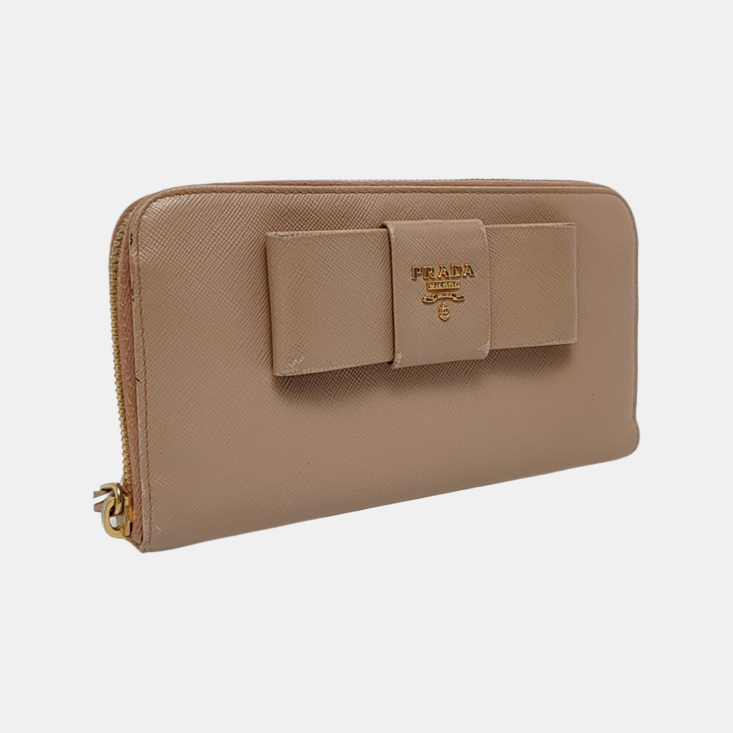 PRADA Fiocco Bow Nude Pink Cowhide Crosshatch Wallet Golden hardware-(SKU)-959793170