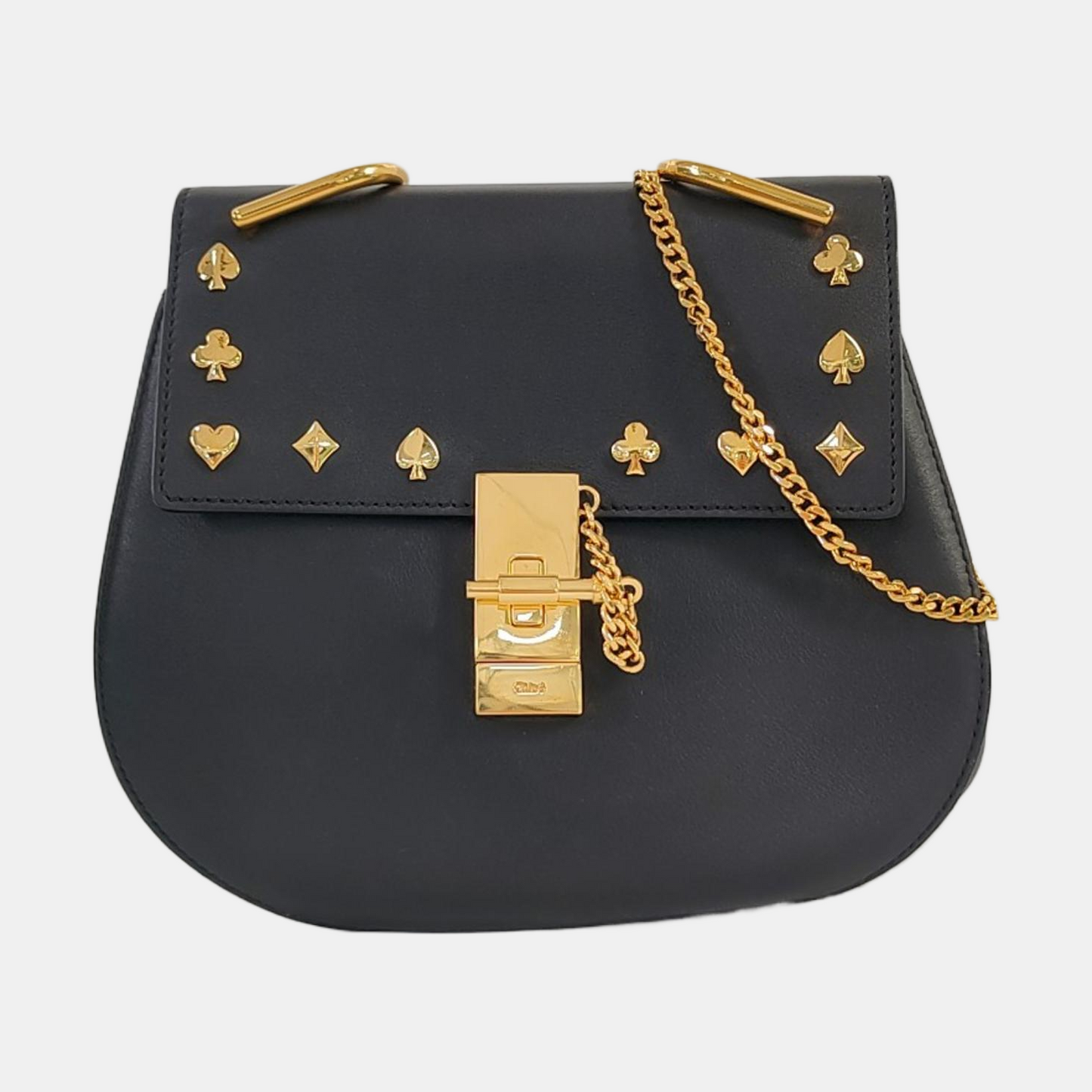 Chloé Drew Medium size Black Cowhide Studs Badge Crossbody, Single Shoulder Bag Golden hardware-(SKU)-959919601