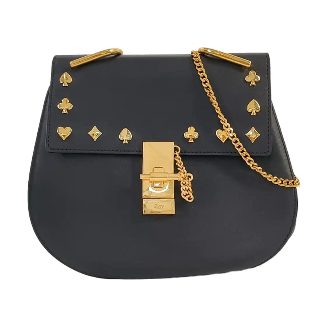 Chloé Drew Medium size Black Cowhide Studs Badge Crossbody, Single Shoulder Bag Golden hardware-(SKU)-959919601