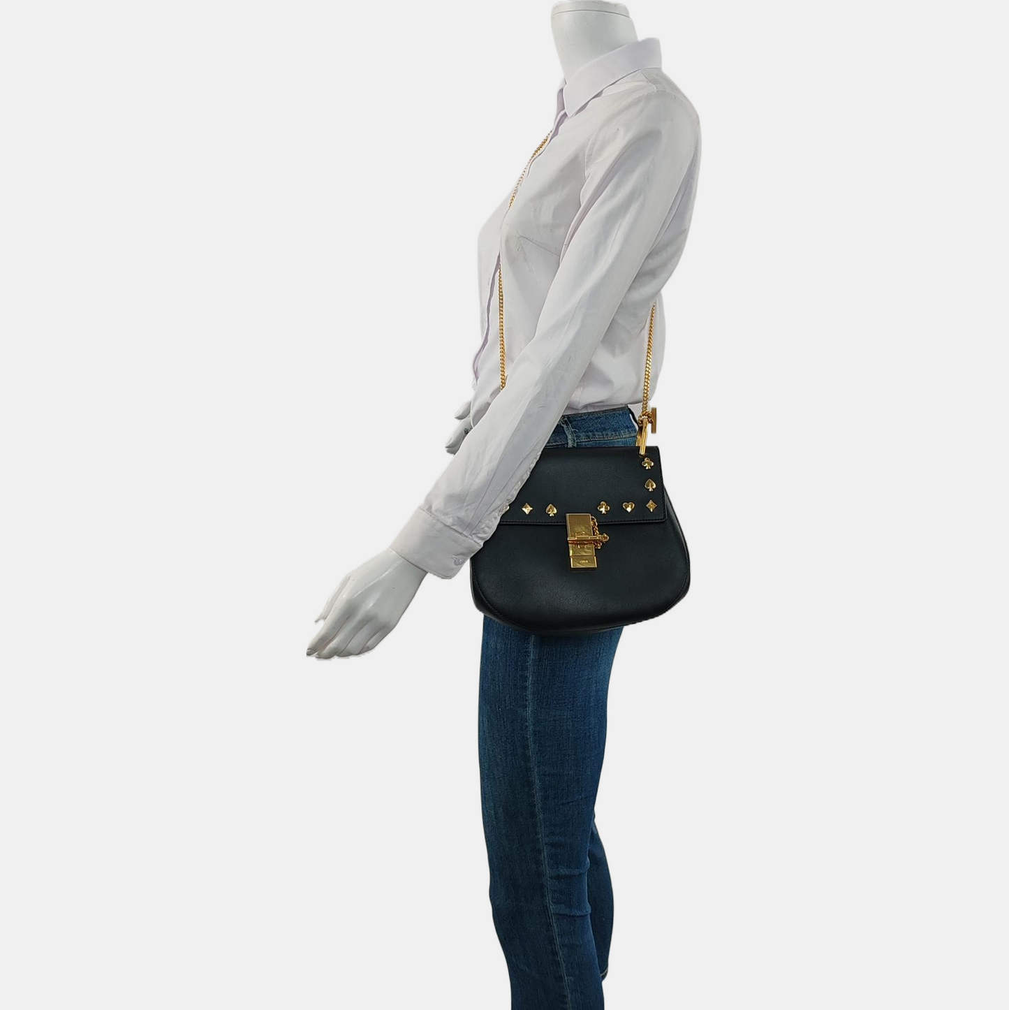 Chloé Drew Medium size Black Cowhide Studs Badge Crossbody, Single Shoulder Bag Golden hardware-(SKU)-959919601