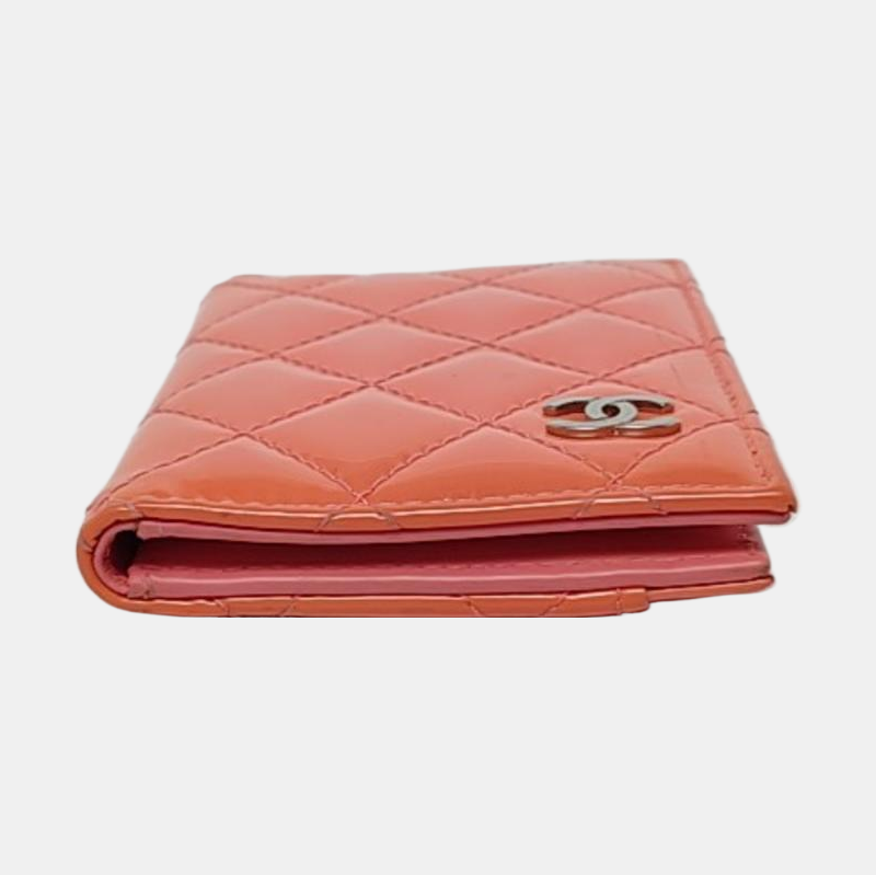 CHANEL Tangerine-Pink Patent Leather Diamond Quilted Card Holder Silver Hardware 21nan-(SKU)-959930843