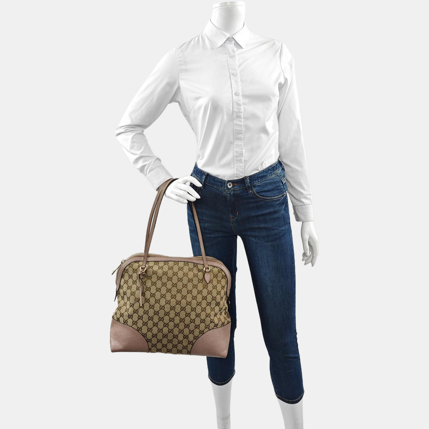GUCCI Bree Khaki Canvas Monogram Tote Bag Single Shoulder Bag Golden hardware-(SKU)-959592766