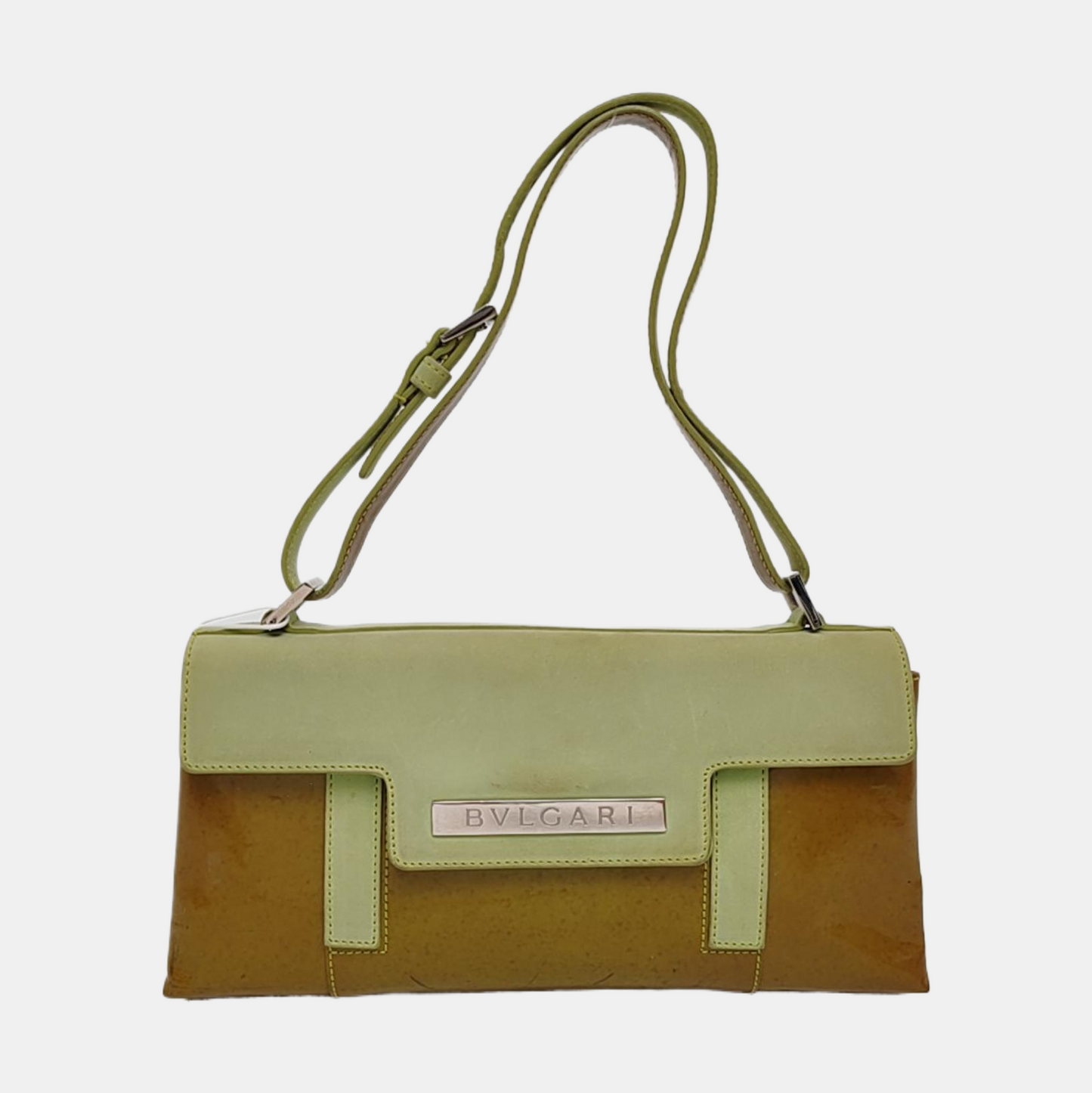 BVLGARI Yellow Green Patent Leather Handbag Single Shoulder Bag Silver Hardware Removable shoulder strap-(SKU)-960012647