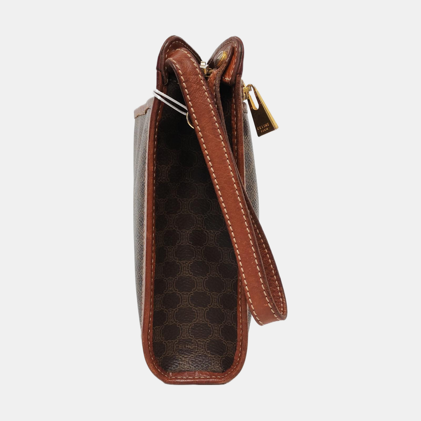 CELINE MACADAM CLUTCHES Dark Brown Coated Canvas Triumph Handbag Tote Bag Golden hardware-(SKU)-959810652