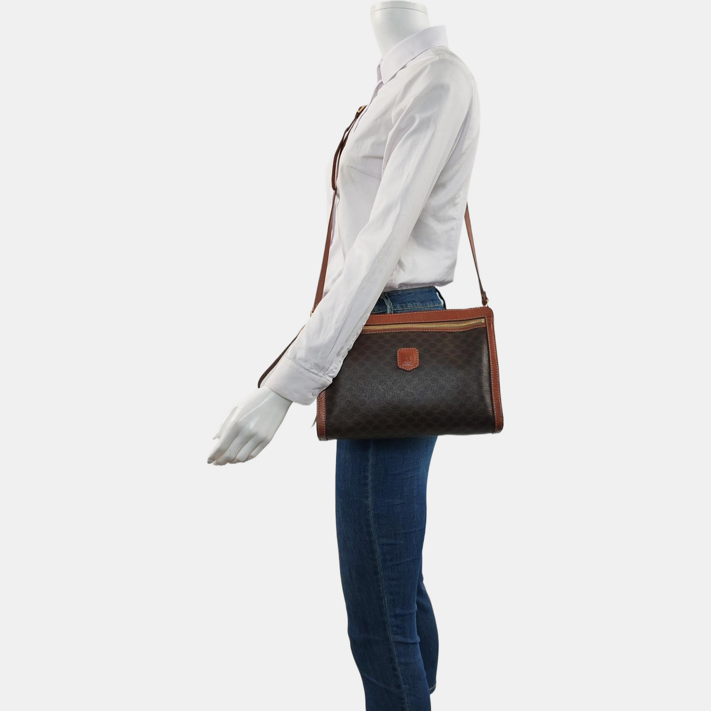 CELINE MACADAM CLUTCHES Dark Brown Coated Canvas Triumph Handbag Tote Bag Golden hardware-(SKU)-959810652