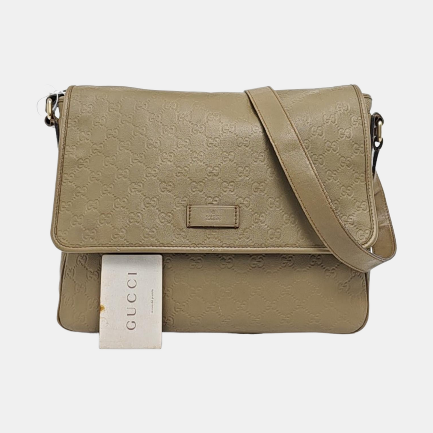 GUCCI Khaki Cowhide Monogrammed Stamped Crossbody Bag Golden hardware-(SKU)-960073647