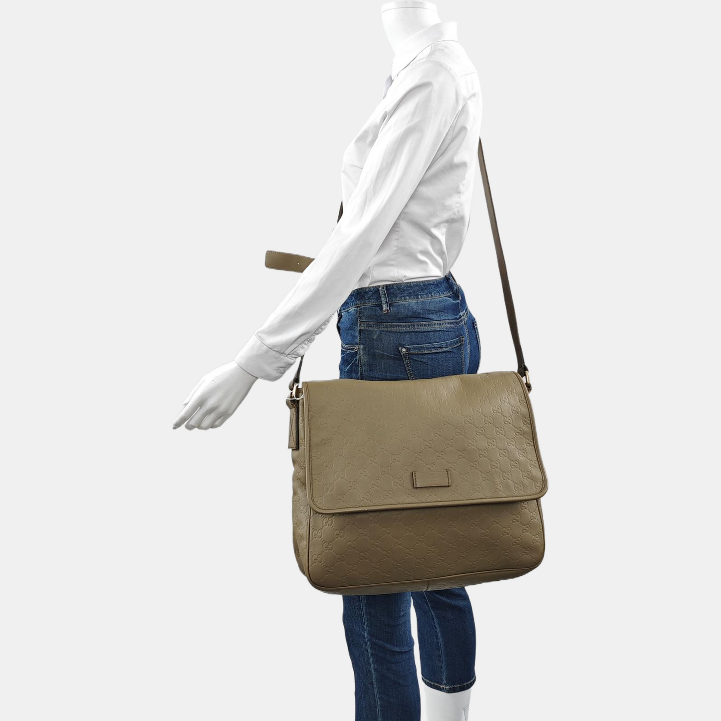 GUCCI Khaki Cowhide Monogrammed Stamped Crossbody Bag Golden hardware-(SKU)-960073647