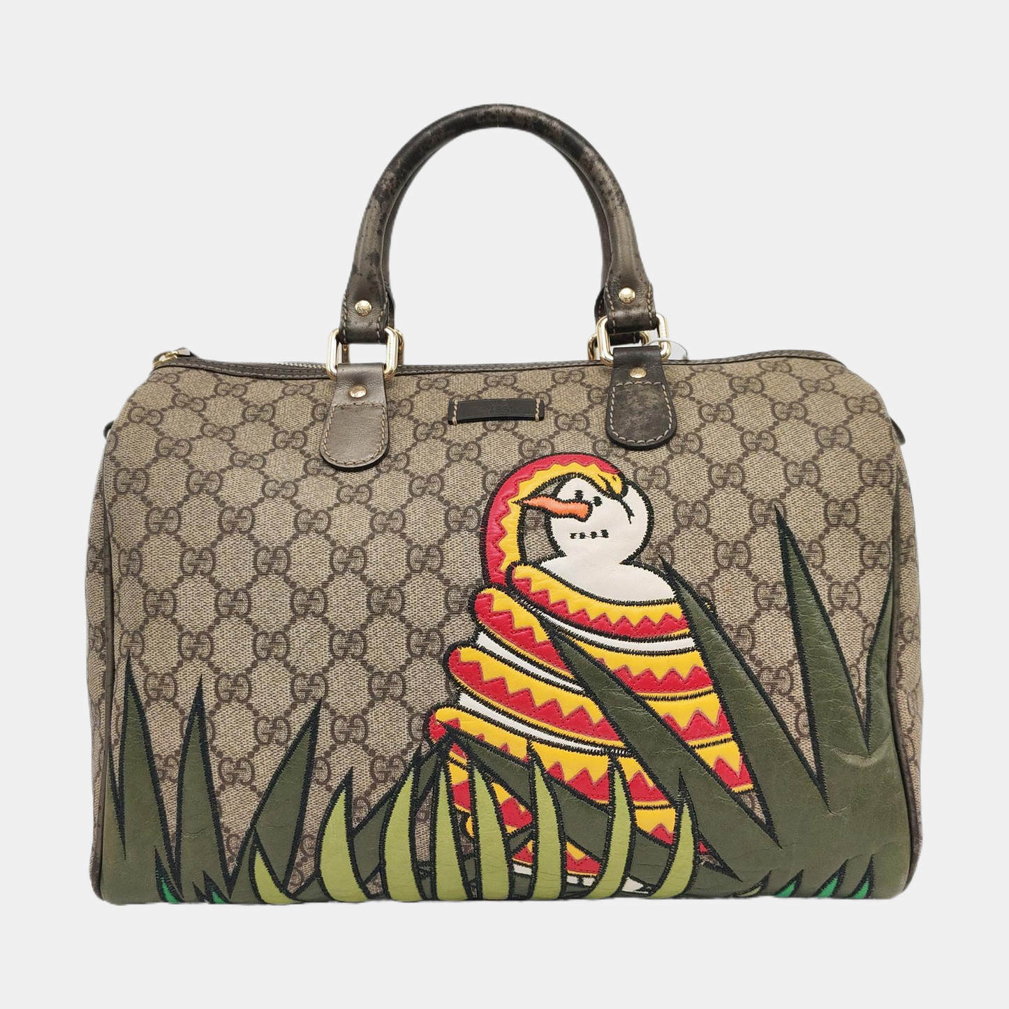GUCCI Joy Brown Suede Leather Monogram Embroidery Tote Bag Golden hardware-(SKU)-959989784