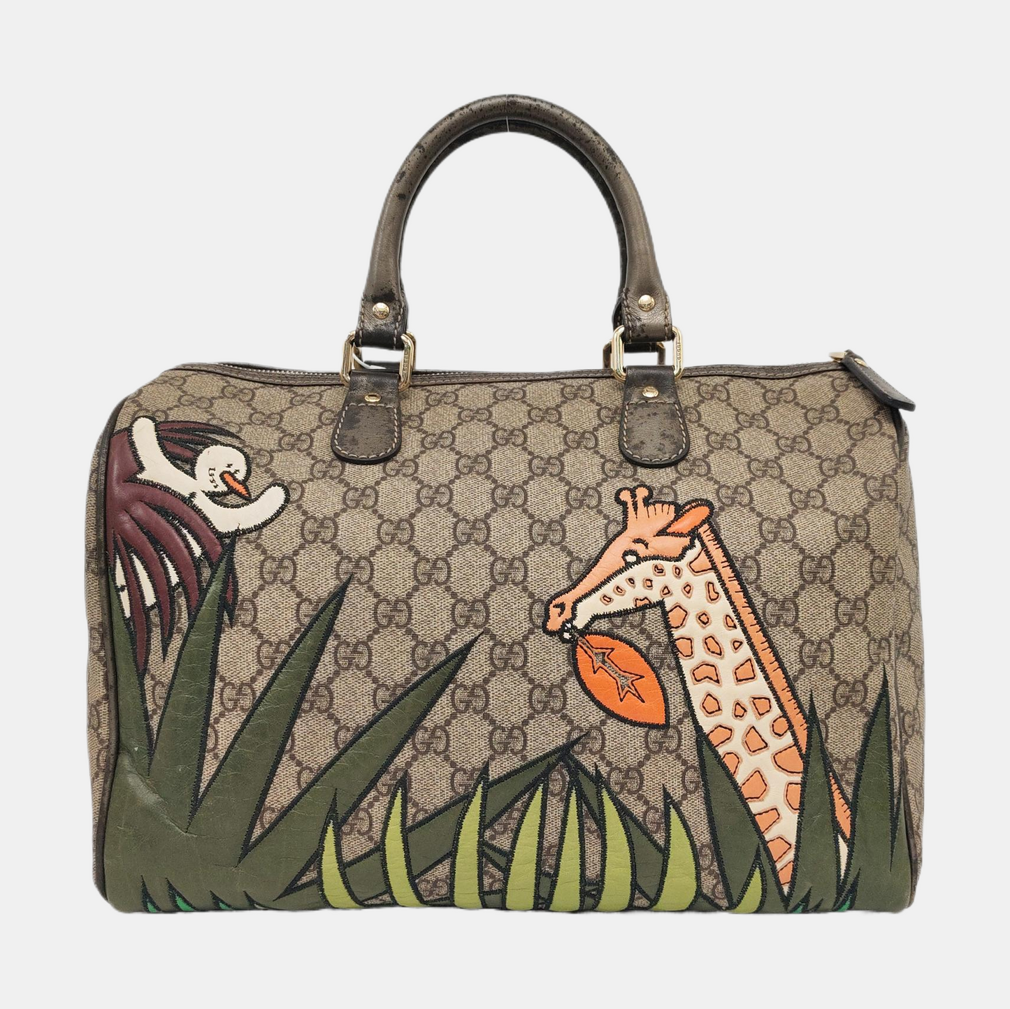 GUCCI Joy Brown Suede Leather Monogram Embroidery Tote Bag Golden hardware-(SKU)-959989784