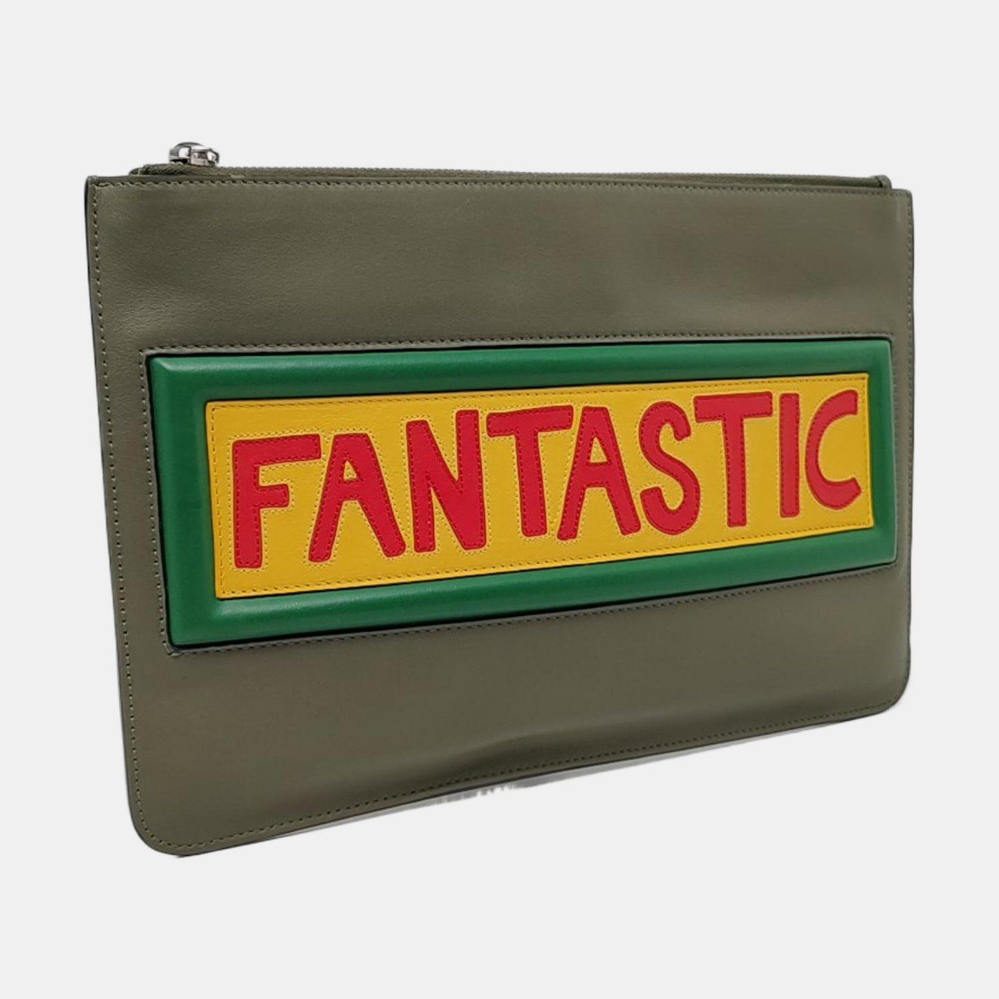 FENDI Olive Green Cowhide Patchwork Relief Crossbody Handbag Clutch Silver Hardware-(SKU)-960221238