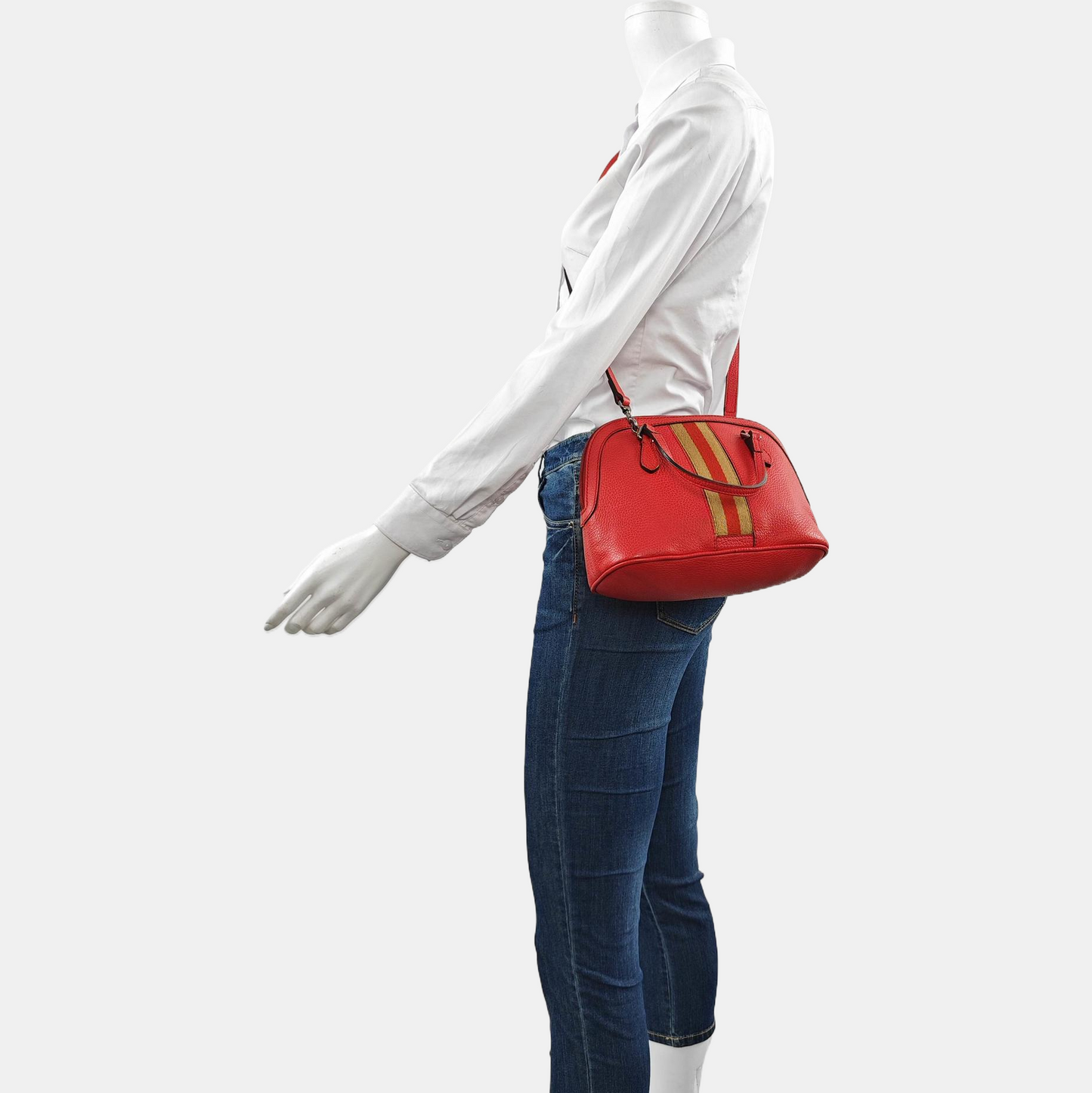 GUCCI DOME Red Cow Leather Striped Strap Single Shoulder Bag Handbag Crossbody Bag Silver Hardware Removable shoulder strap-(SKU)-960336464