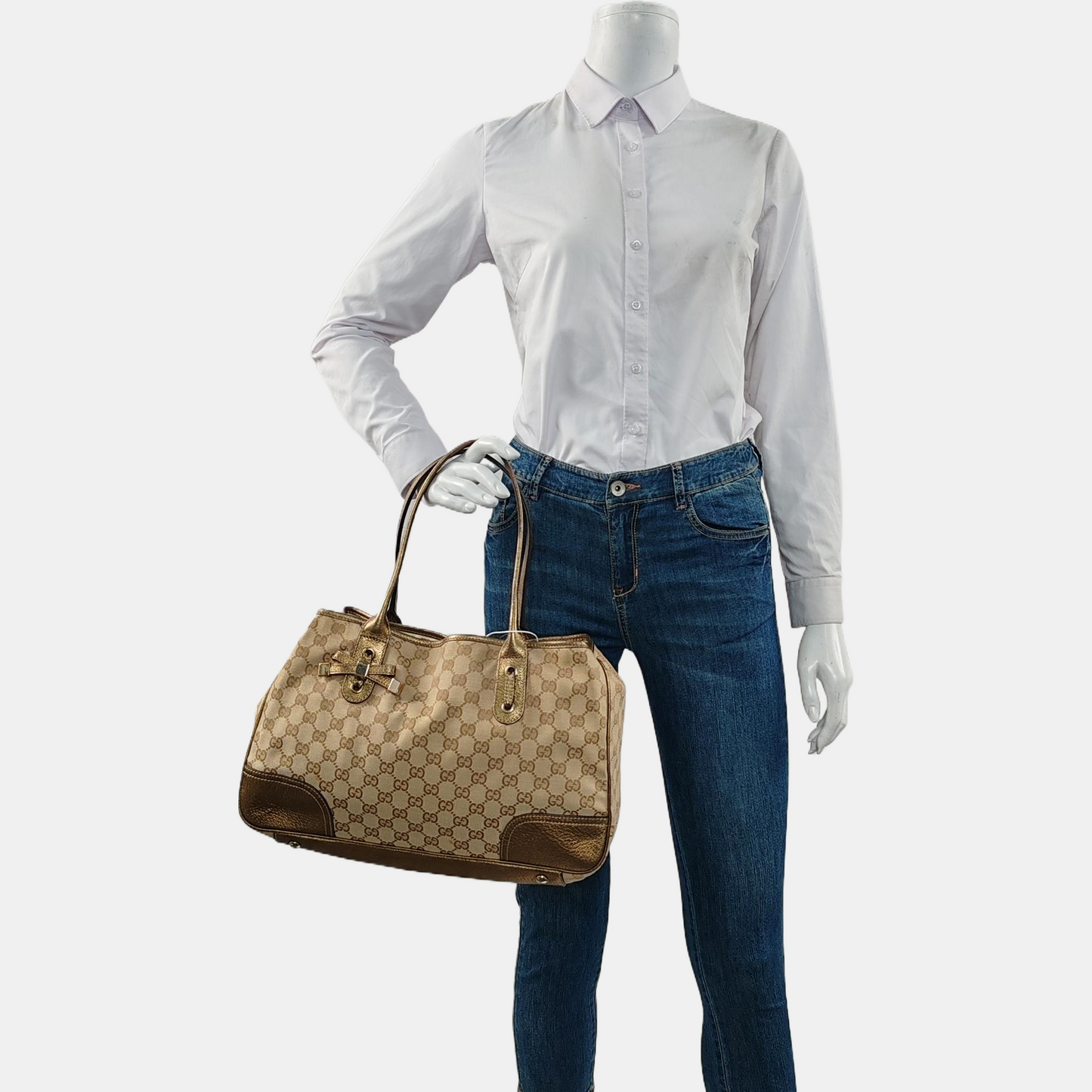 GUCCI Princy Khaki Canvas Monogram Tote Bag Single Shoulder Bag Golden hardware-(SKU)-960034961