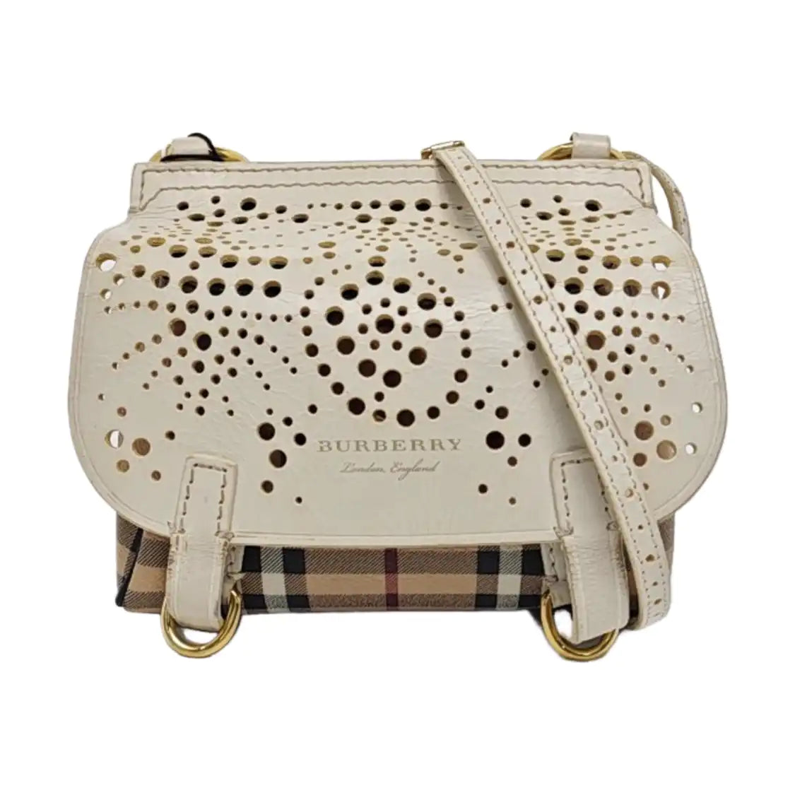 BURBERRY White leather horse race pattern hollow crossbody bag/shoulder bag Golden hardware-(SKU)-960246939