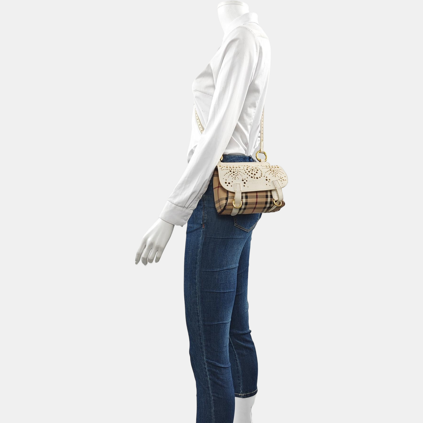 BURBERRY White leather horse race pattern hollow crossbody bag/shoulder bag Golden hardware-(SKU)-960246939