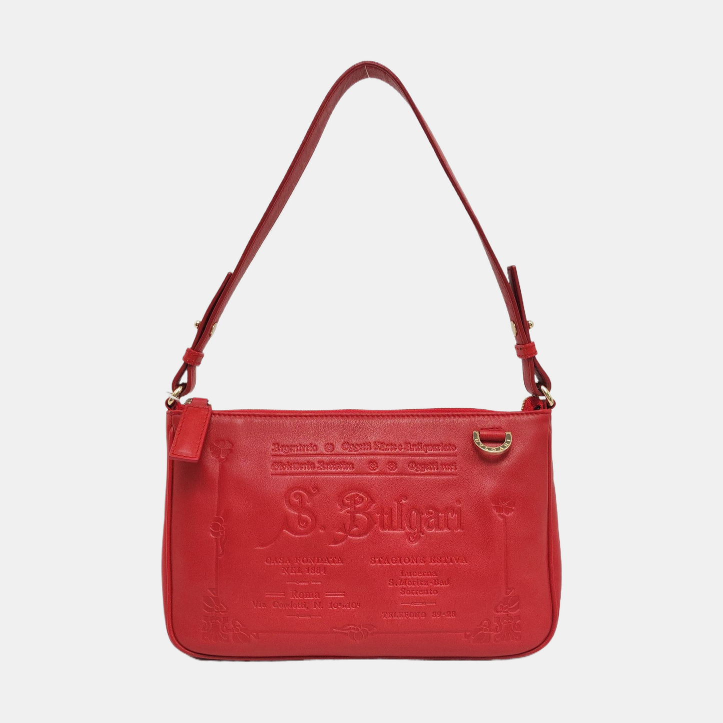 BVLGARI COLLEZIONE 1910 Red Cowhide Embossed Shoulder Bag Tote Golden hardware Removable shoulder strap-(SKU)-960389030