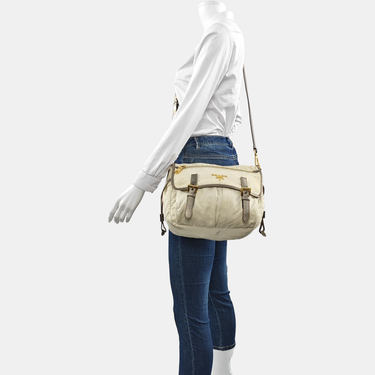 PRADA Beige Nylon Single Shoulder Bag Golden hardware Removable shoulder strap-(SKU)-960248110