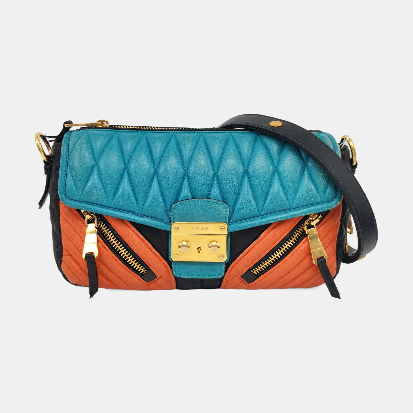 Miu Miu Teal Green Lamb Leather Quilted Shoulder and Crossbody Bag Golden hardware-(SKU)-960406389
