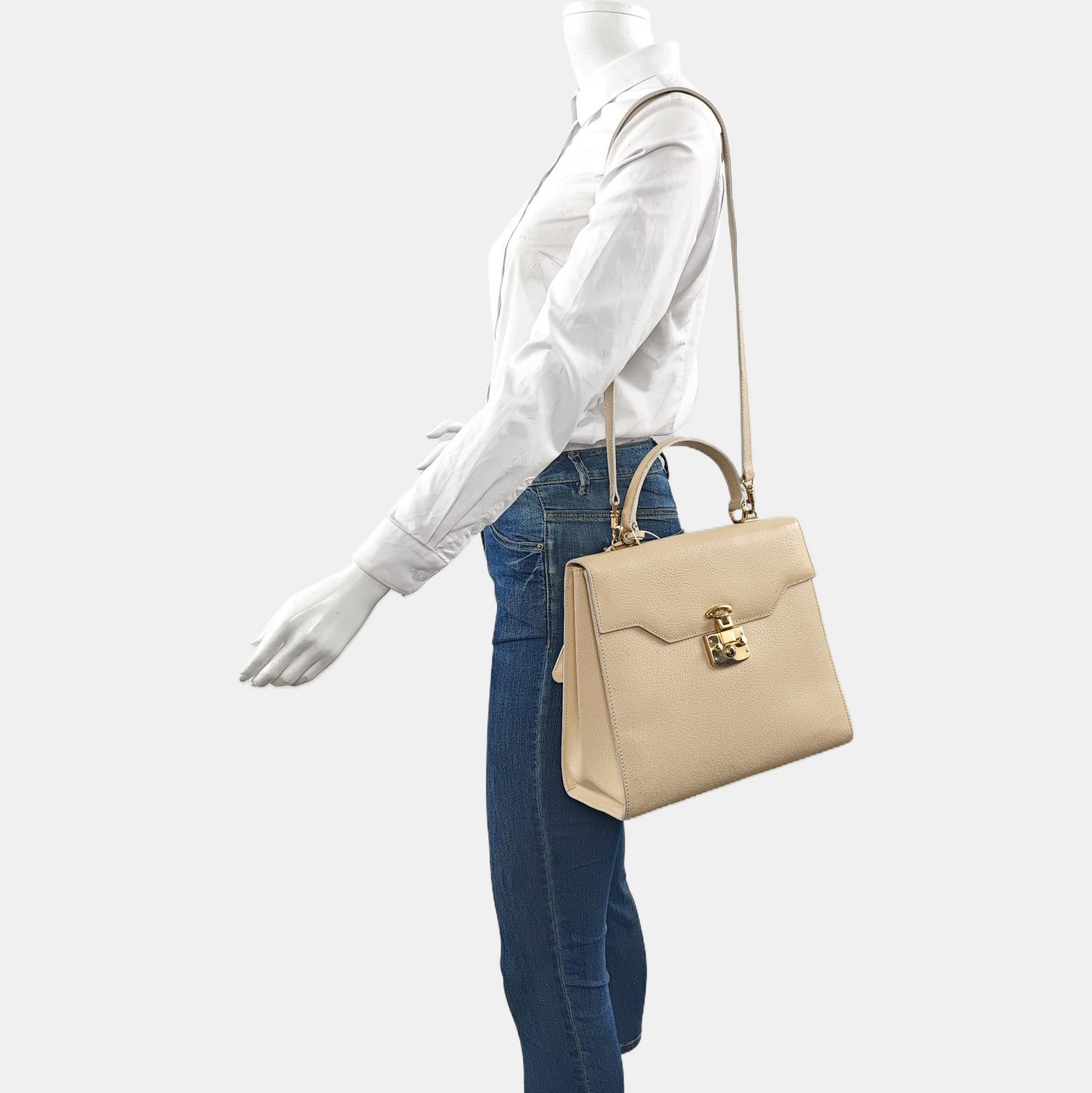 GUCCI Vintage Kelly Beige Leather Single Shoulder Bag Handbag Golden hardware Removable shoulder strap-(SKU)-951806628