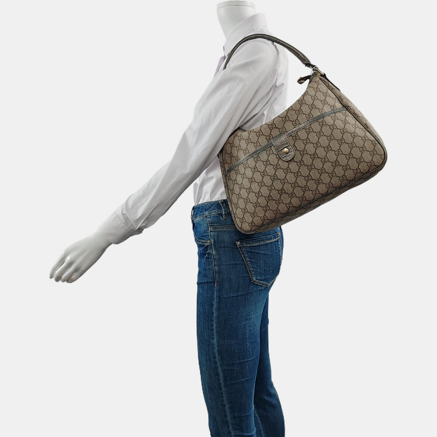 GUCCI Bardot Medium size Beige Coated Canvas Monogram Single Shoulder Bag Handbag Golden hardware-(SKU)-960390668