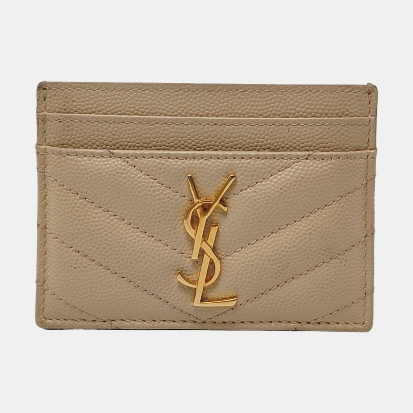 YSL MONOGRAM 米色牛皮绗缝V纹卡包 Golden hardware-(SKU)-960710040
