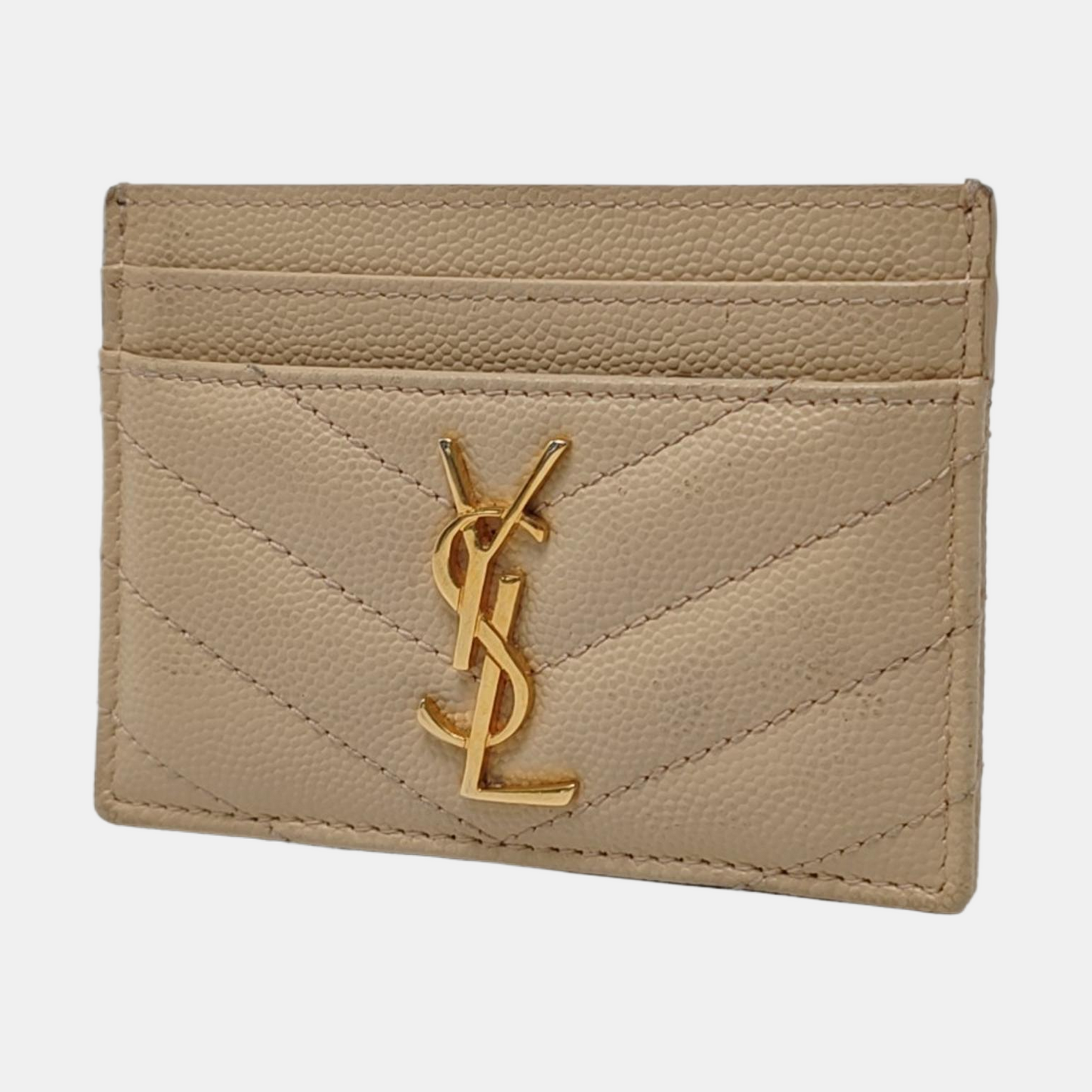 YSL MONOGRAM 米色牛皮绗缝V纹卡包 Golden hardware-(SKU)-960710040