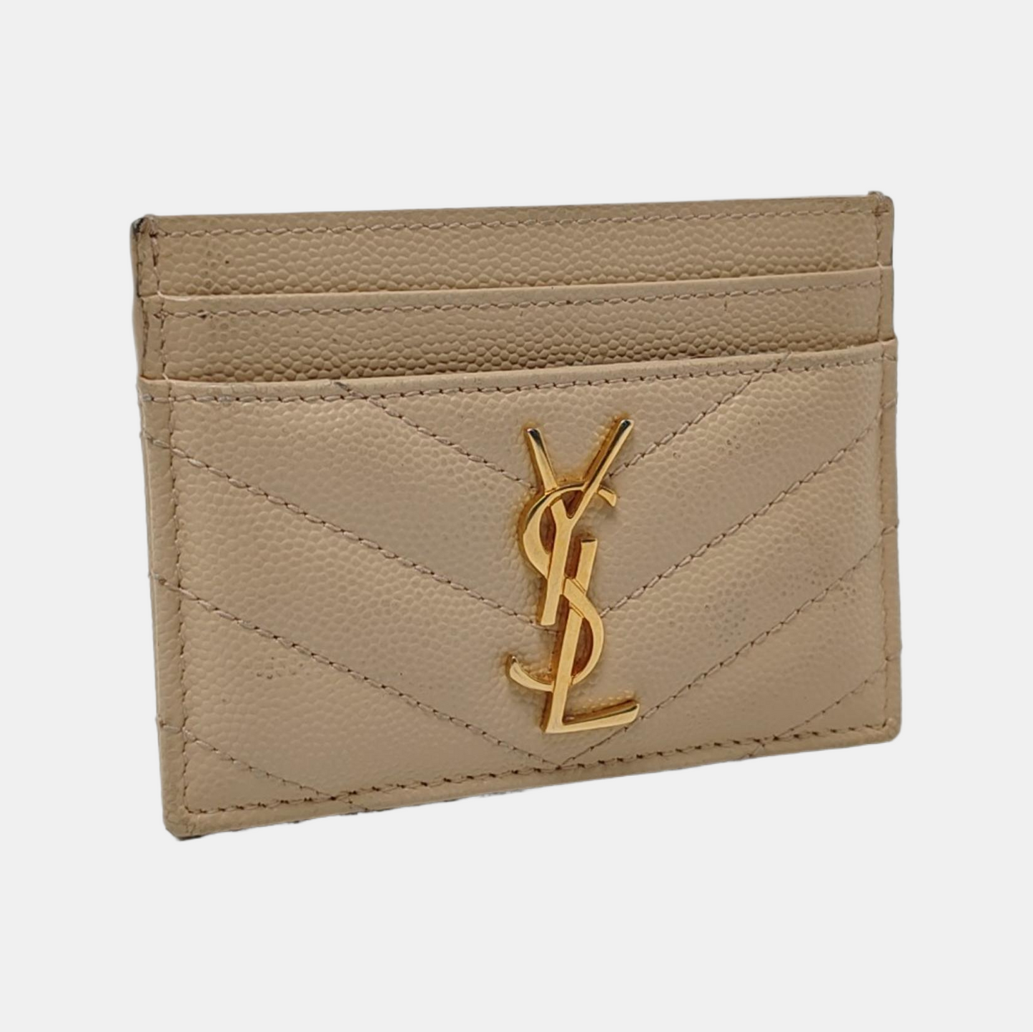 YSL MONOGRAM 米色牛皮绗缝V纹卡包 Golden hardware-(SKU)-960710040
