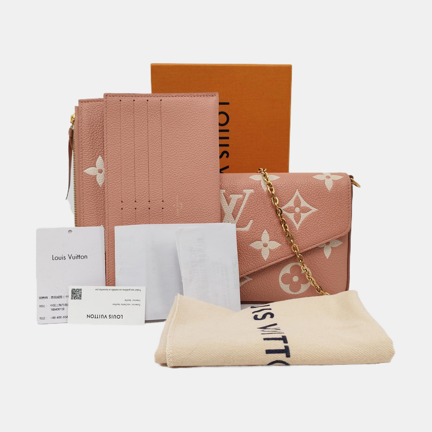 LOUIS VUITTON FÉLICIE Pink Leather Monogram Embossed Three-In-One Shoulder Bag, Crossbody Bag, Handbag, Gold Hardware, Detachable Shoulder Strap, Accessories Included-(SKU)-960658882