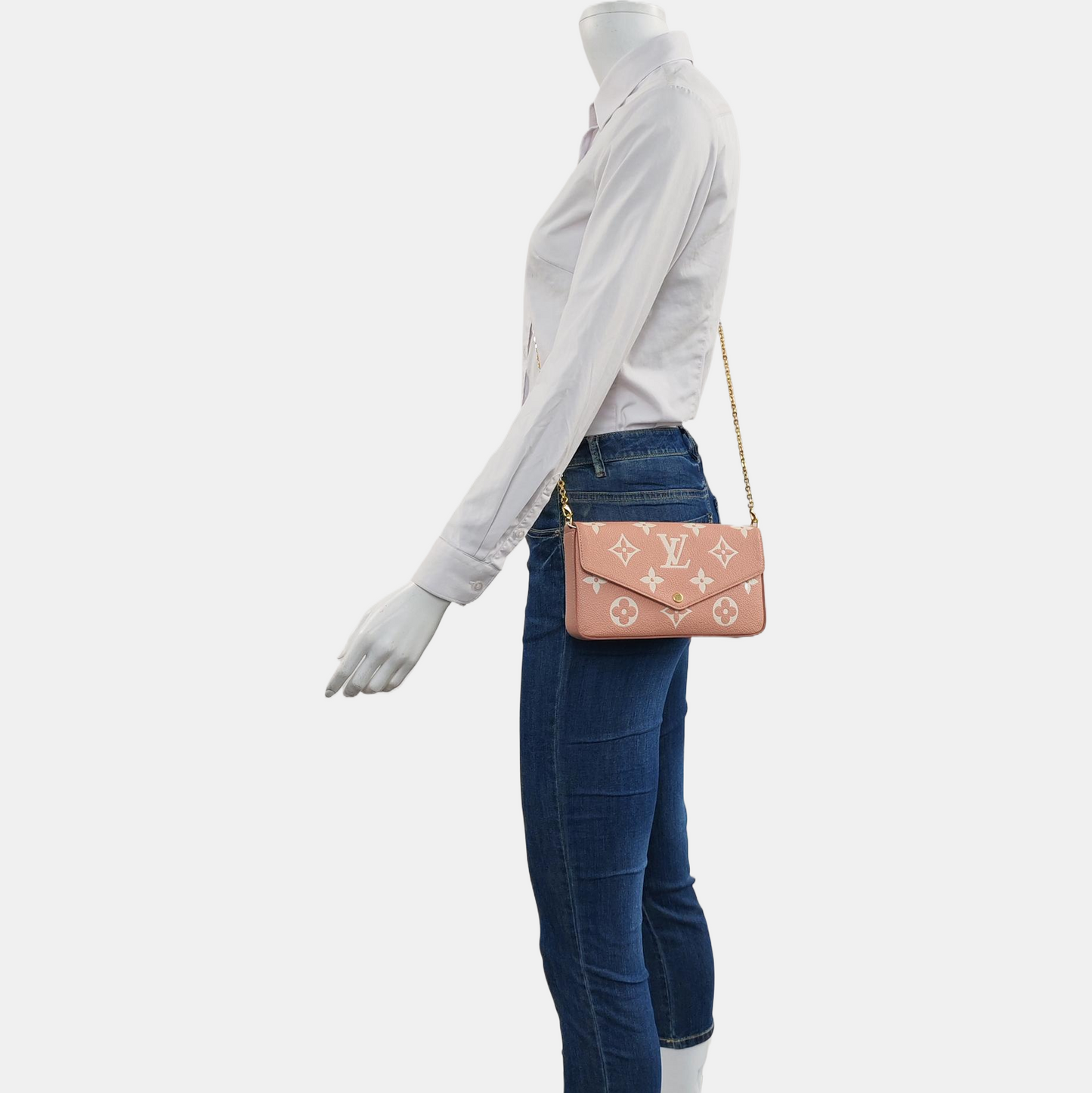 LOUIS VUITTON FÉLICIE Pink Leather Monogram Embossed Three-In-One Shoulder Bag, Crossbody Bag, Handbag, Gold Hardware, Detachable Shoulder Strap, Accessories Included-(SKU)-960658882