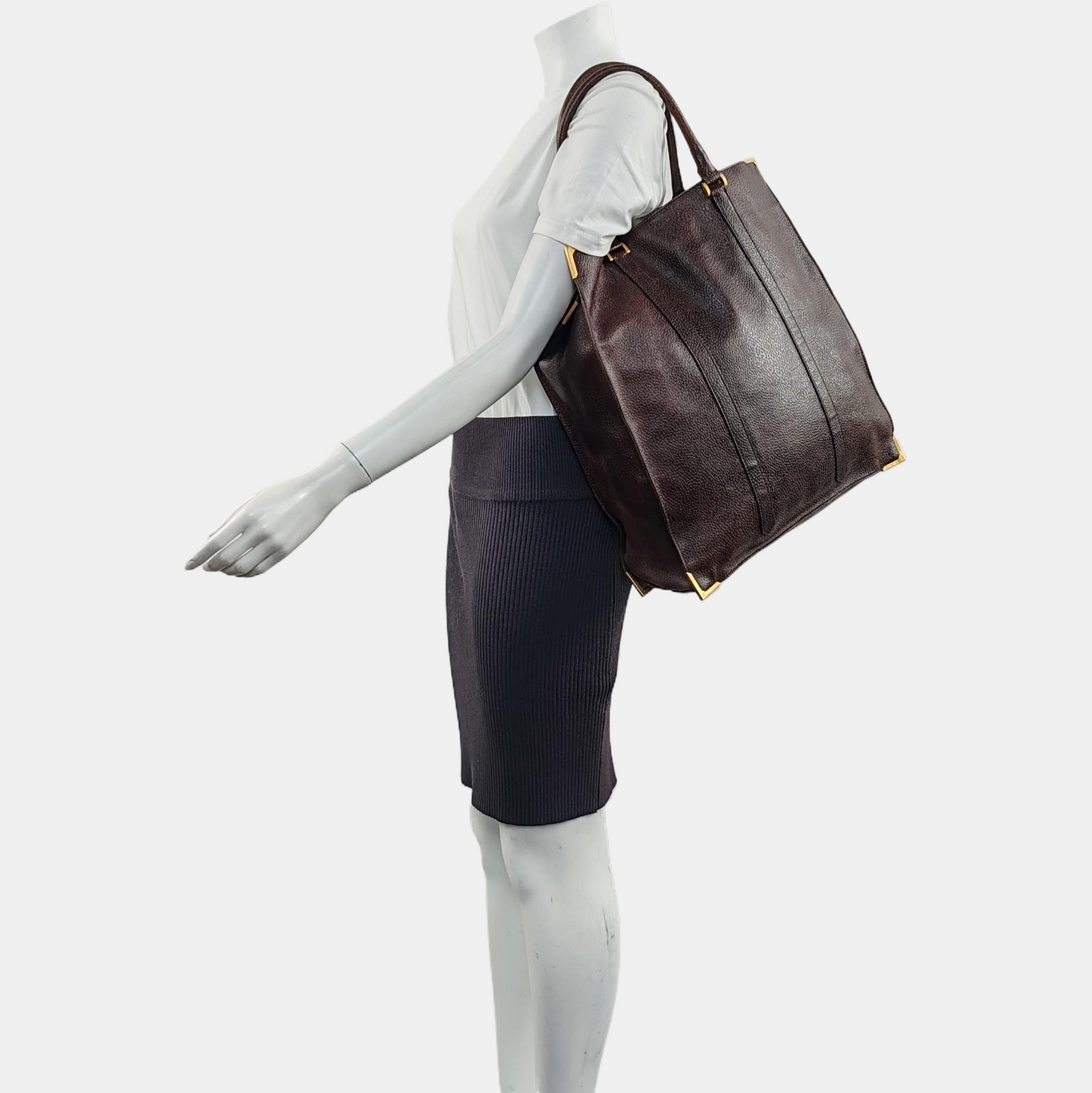 FENDI Dark Brown Leather Single Shoulder Bag Tote Golden hardware-(SKU)-960577572