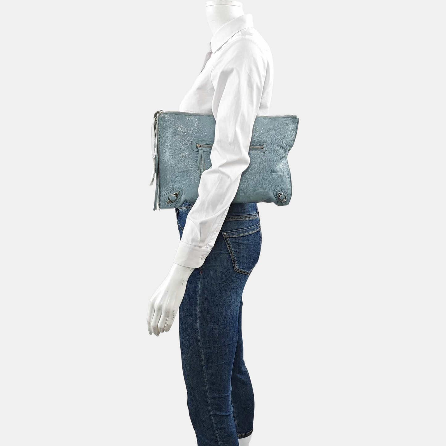 BALENCIAGA Classic City Light blue sheepskin studded biker bag, handbag Silver Hardware-(SKU)-960786182