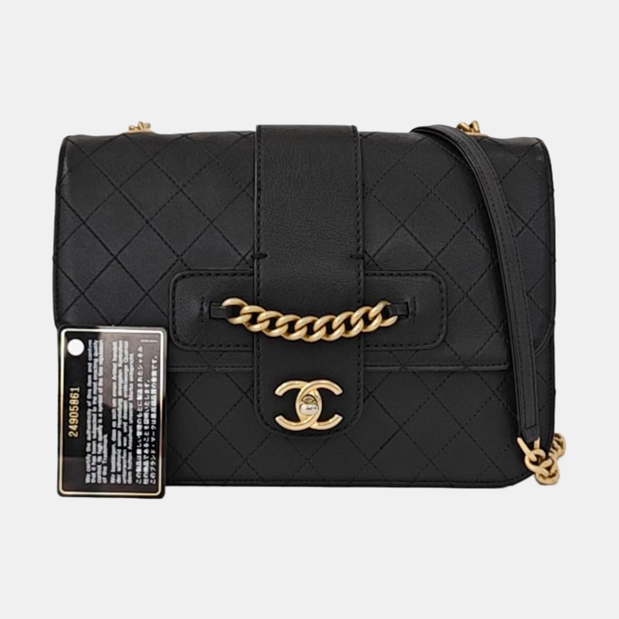 CHANEL FRONT CHAIN FLAP BAG Black Calfskin Quilted Shoulder Bag Gold Hardware 24K-(SKU)-961017689