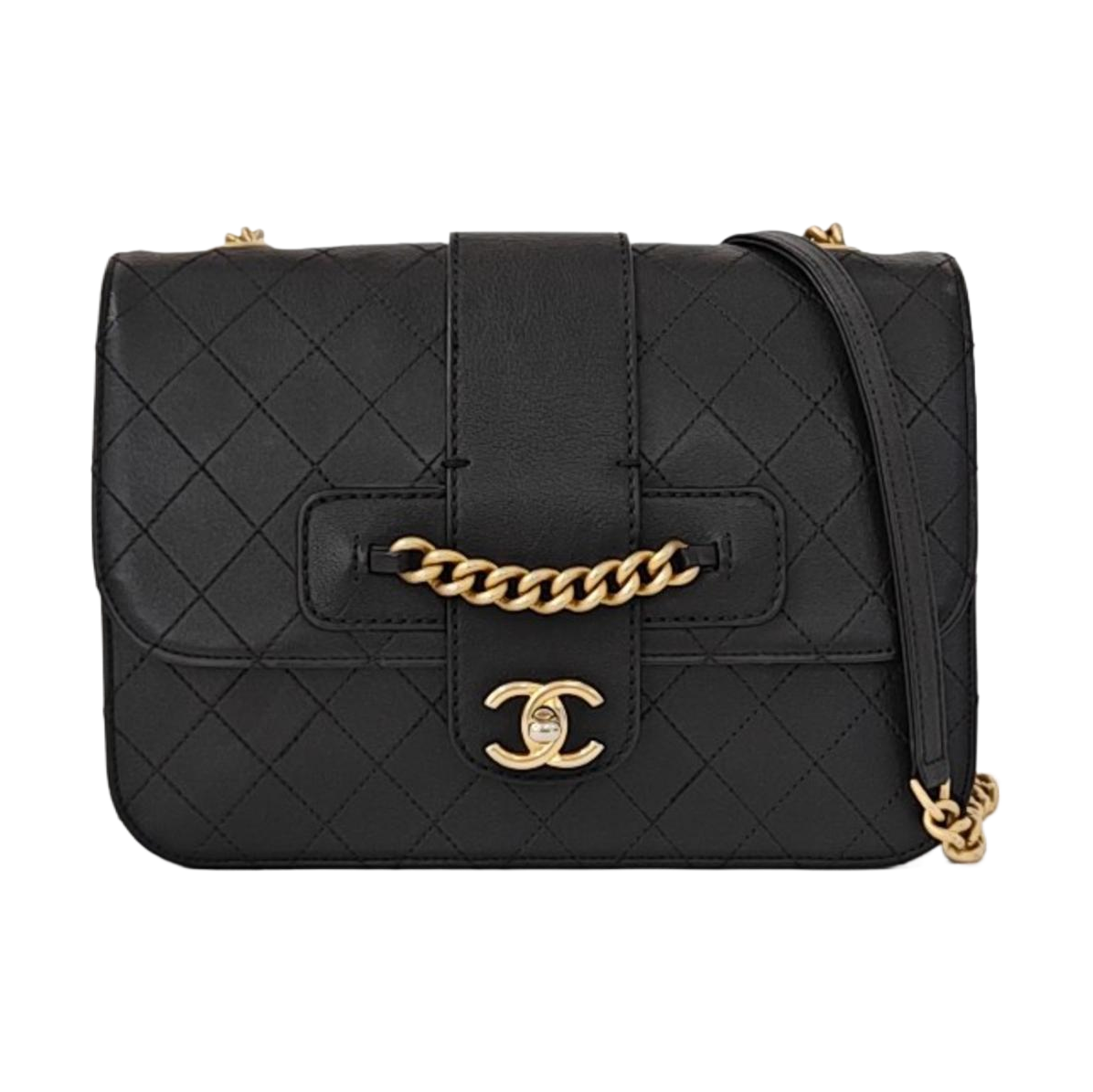 CHANEL FRONT CHAIN FLAP BAG Black Calfskin Quilted Shoulder Bag Gold Hardware 24K-(SKU)-961017689