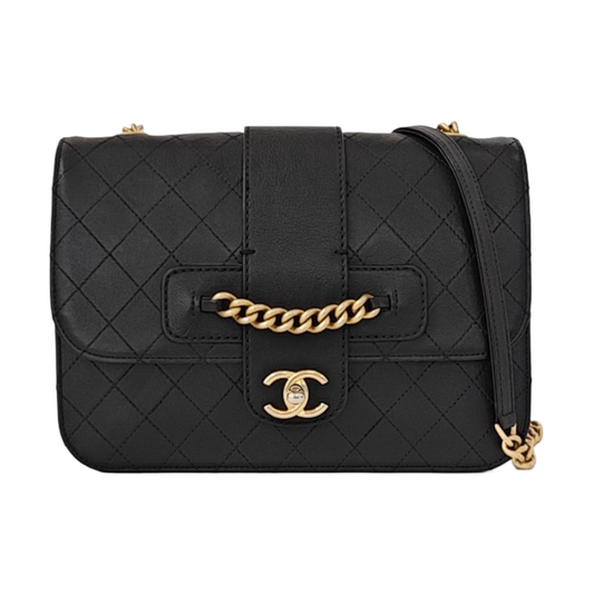 CHANEL FRONT CHAIN FLAP BAG Black Calfskin Quilted Shoulder Bag Gold Hardware 24K-(SKU)-961017689