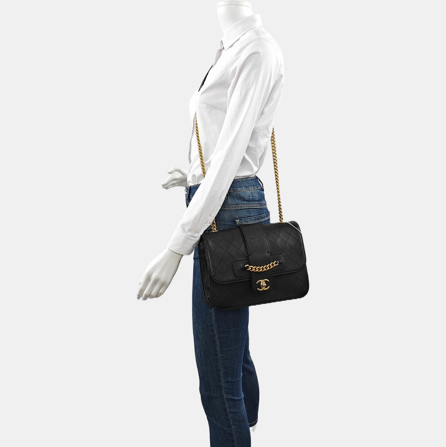 CHANEL FRONT CHAIN FLAP BAG Black Calfskin Quilted Shoulder Bag Gold Hardware 24K-(SKU)-961017689