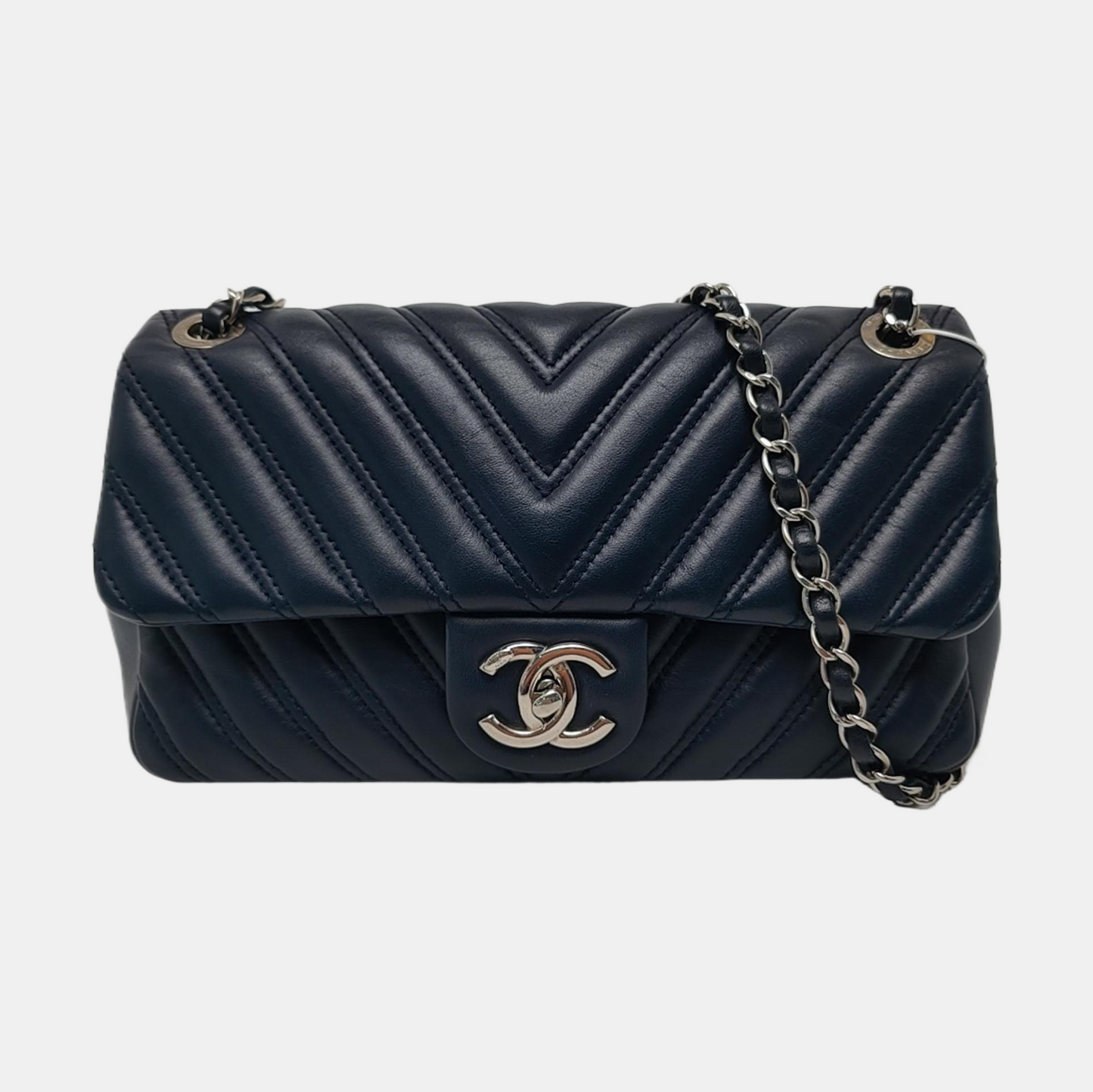 CHANEL CLASSIC FLAP Medium-sized Deep Blue Lamb Skin Quilted V Pattern Crossbody Bag Shoulder Bag 21 Clasp Silver Hardware-(SKU)-960583335