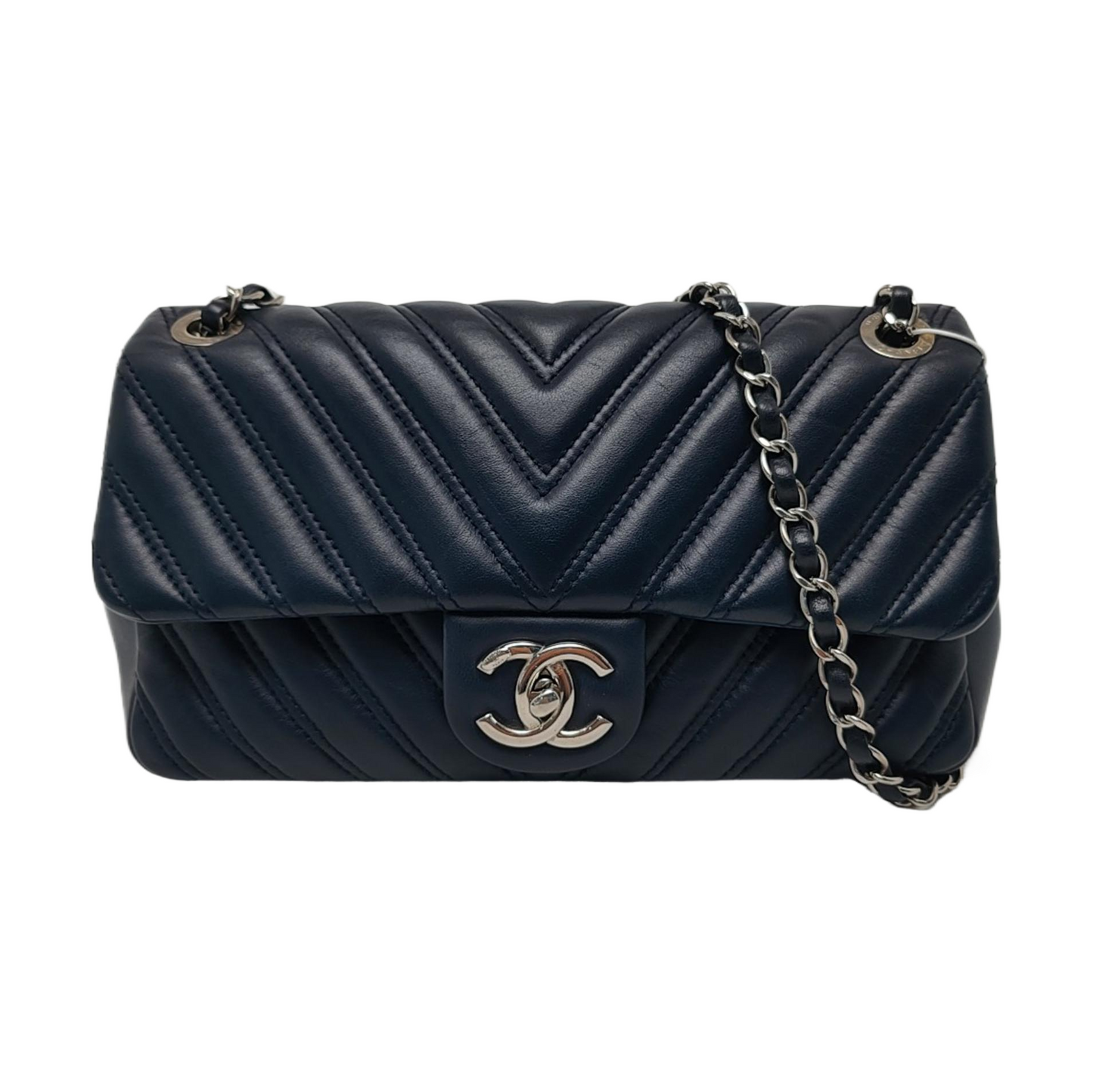 CHANEL CLASSIC FLAP Medium-sized Deep Blue Lamb Skin Quilted V Pattern Crossbody Bag Shoulder Bag 21 Clasp Silver Hardware-(SKU)-960583335